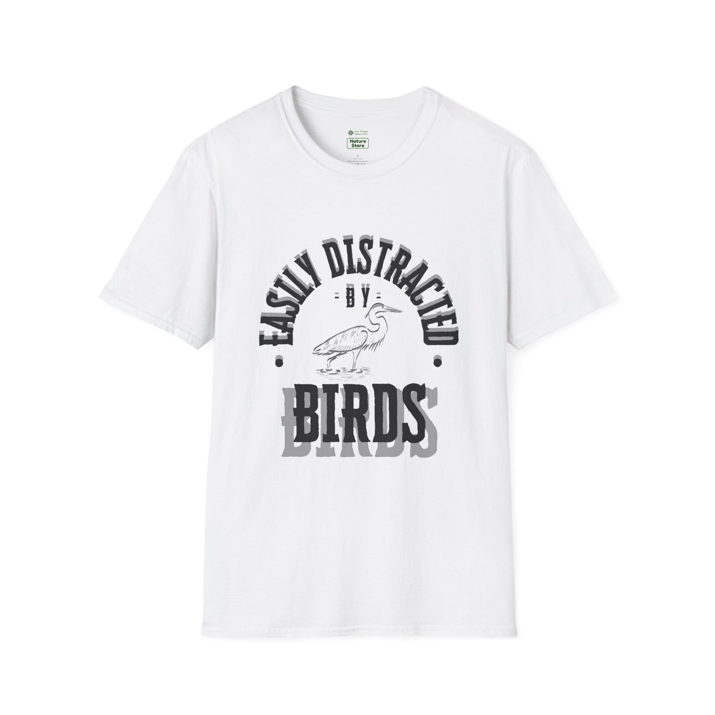 Unisex Softstyle T-Shirt, Distracted by Birds, Heron