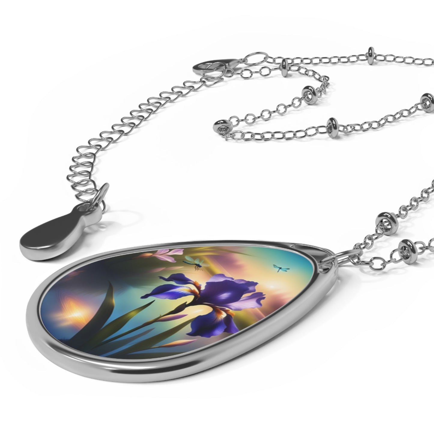 Necklace, Oval, Blue Flag Iris & Dragonflies