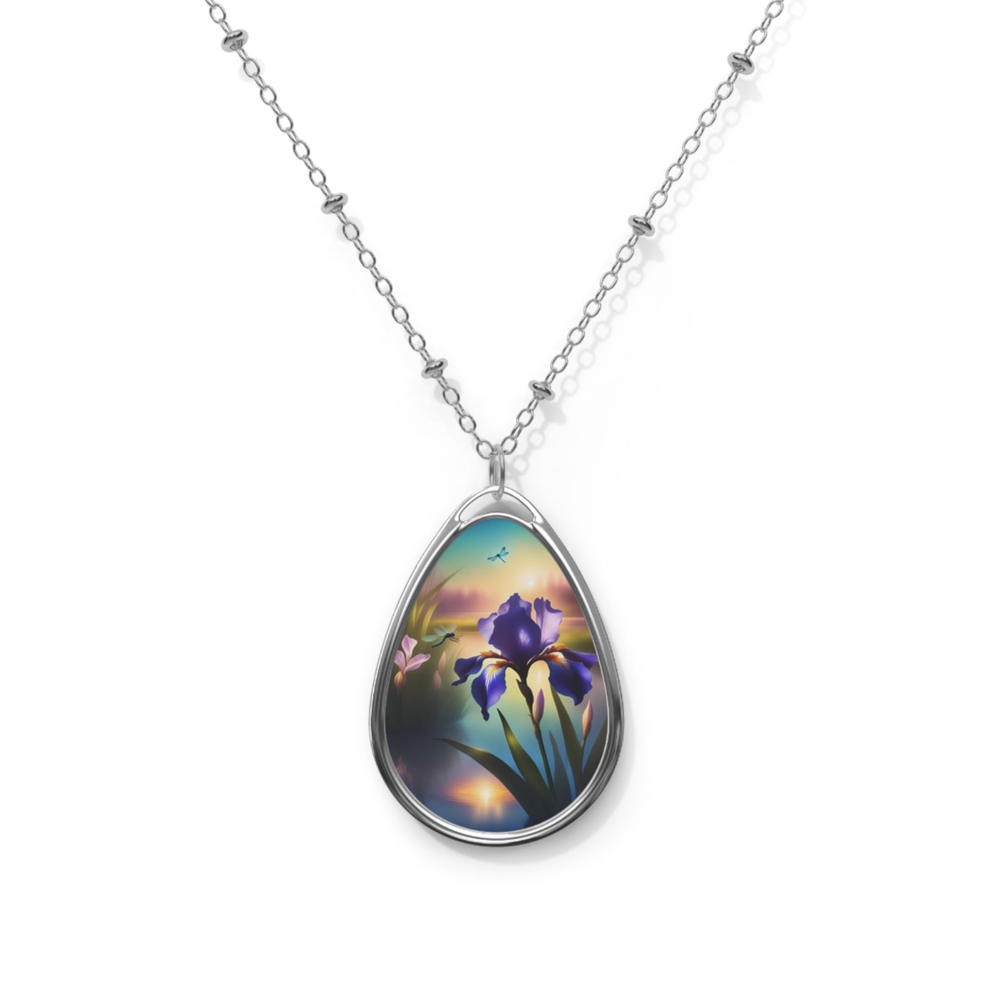Necklace, Oval, Blue Flag Iris & Dragonflies