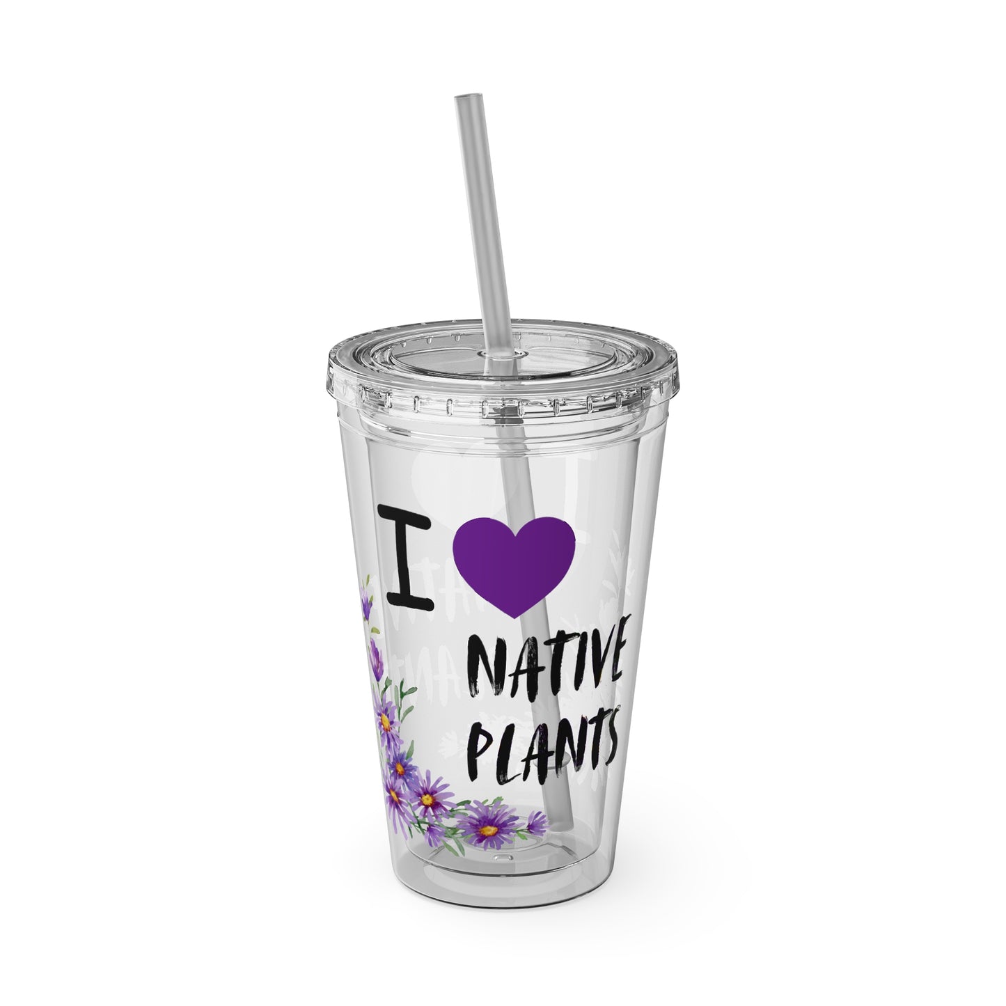 Tumbler with Straw, 16oz, I Love Native Plants, Asters