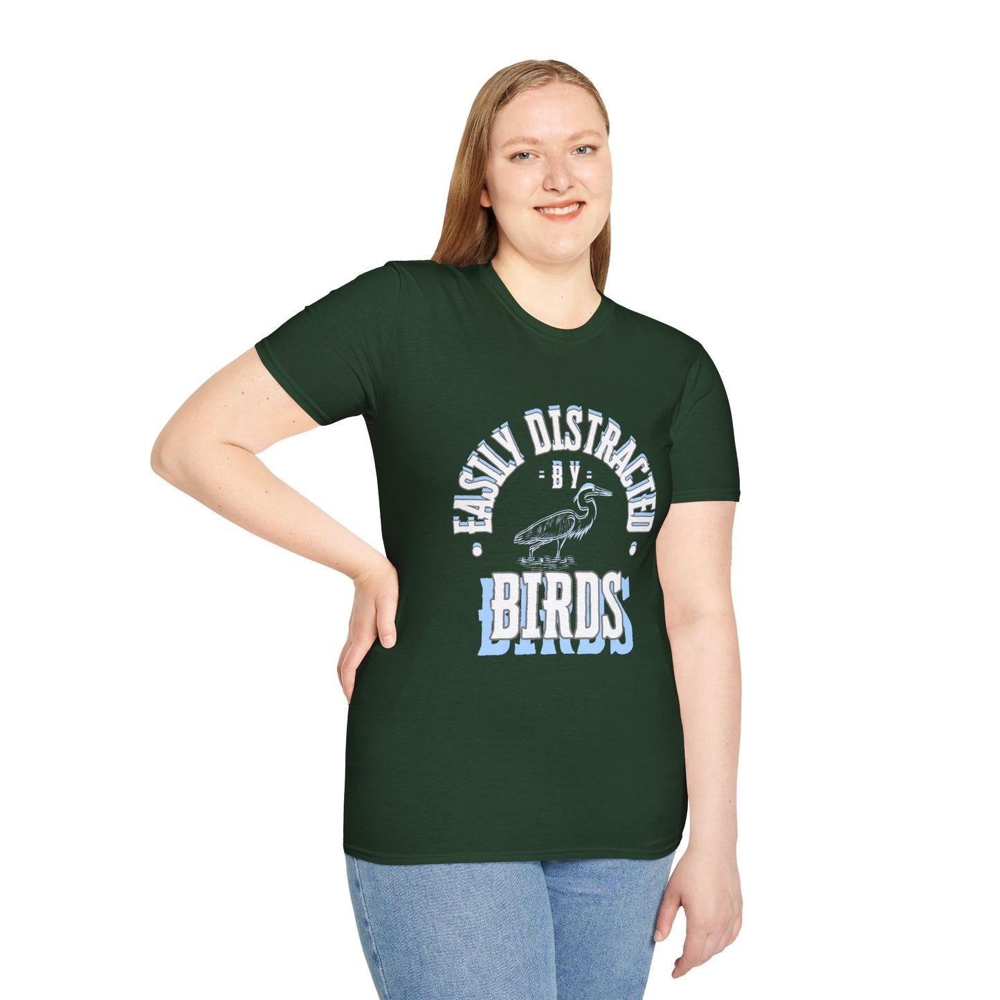 Unisex Softstyle T-Shirt, Distracted by Birds, Heron
