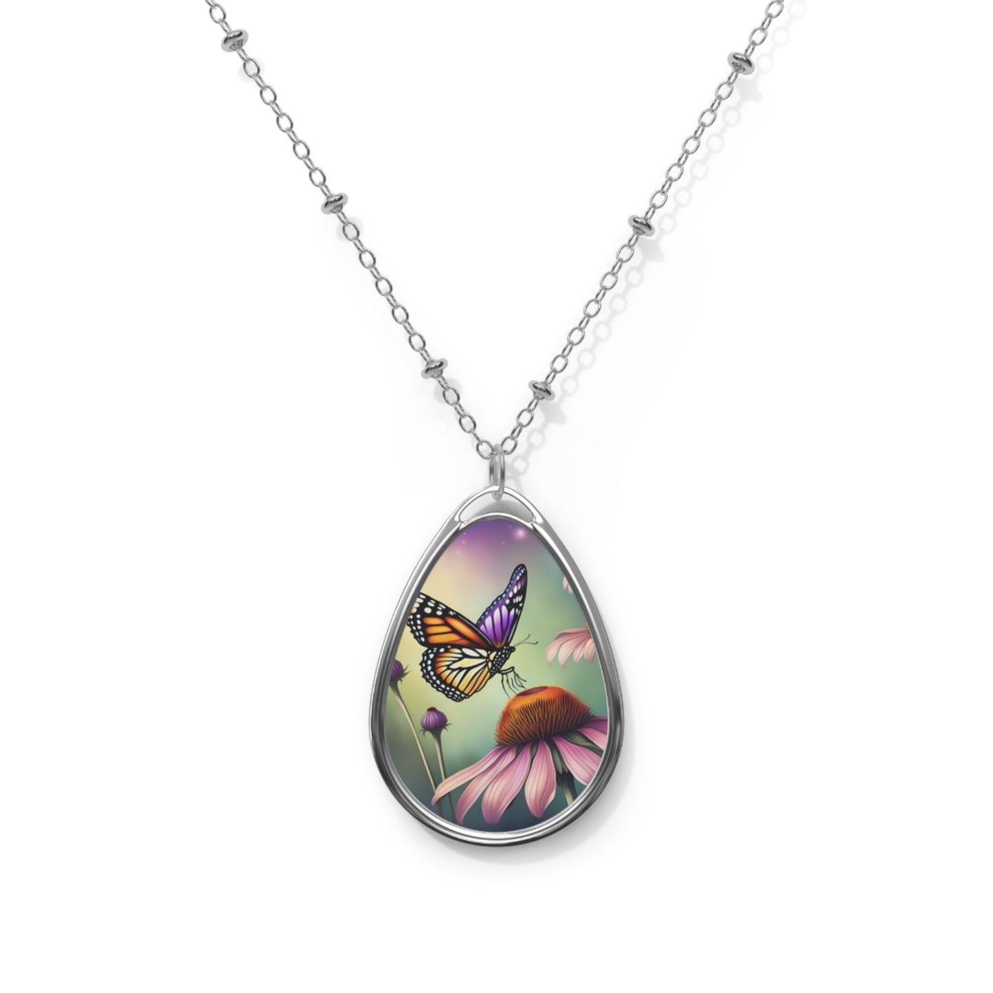 Necklace, Oval, Coneflowers & Monarch