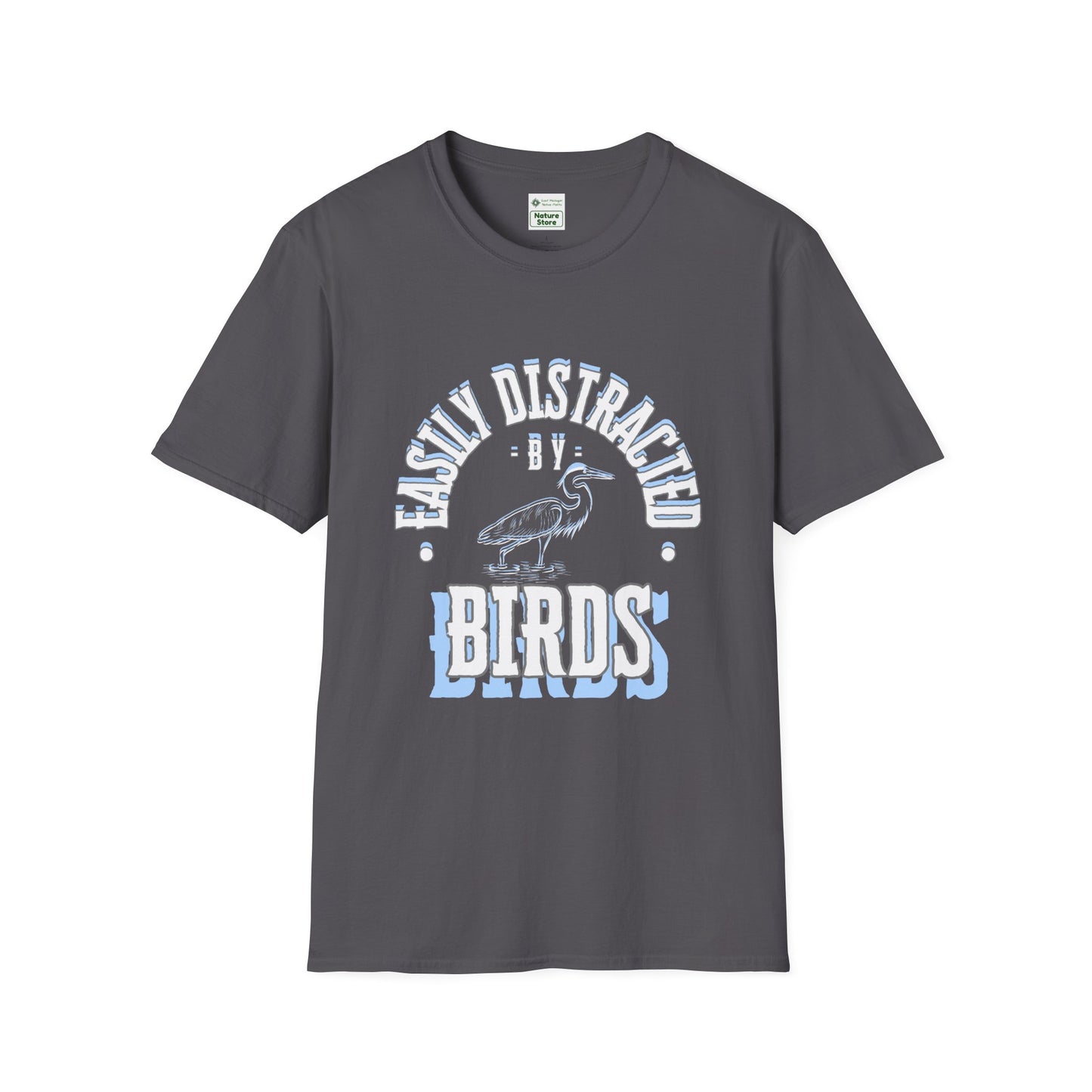Unisex Softstyle T-Shirt, Distracted by Birds, Heron