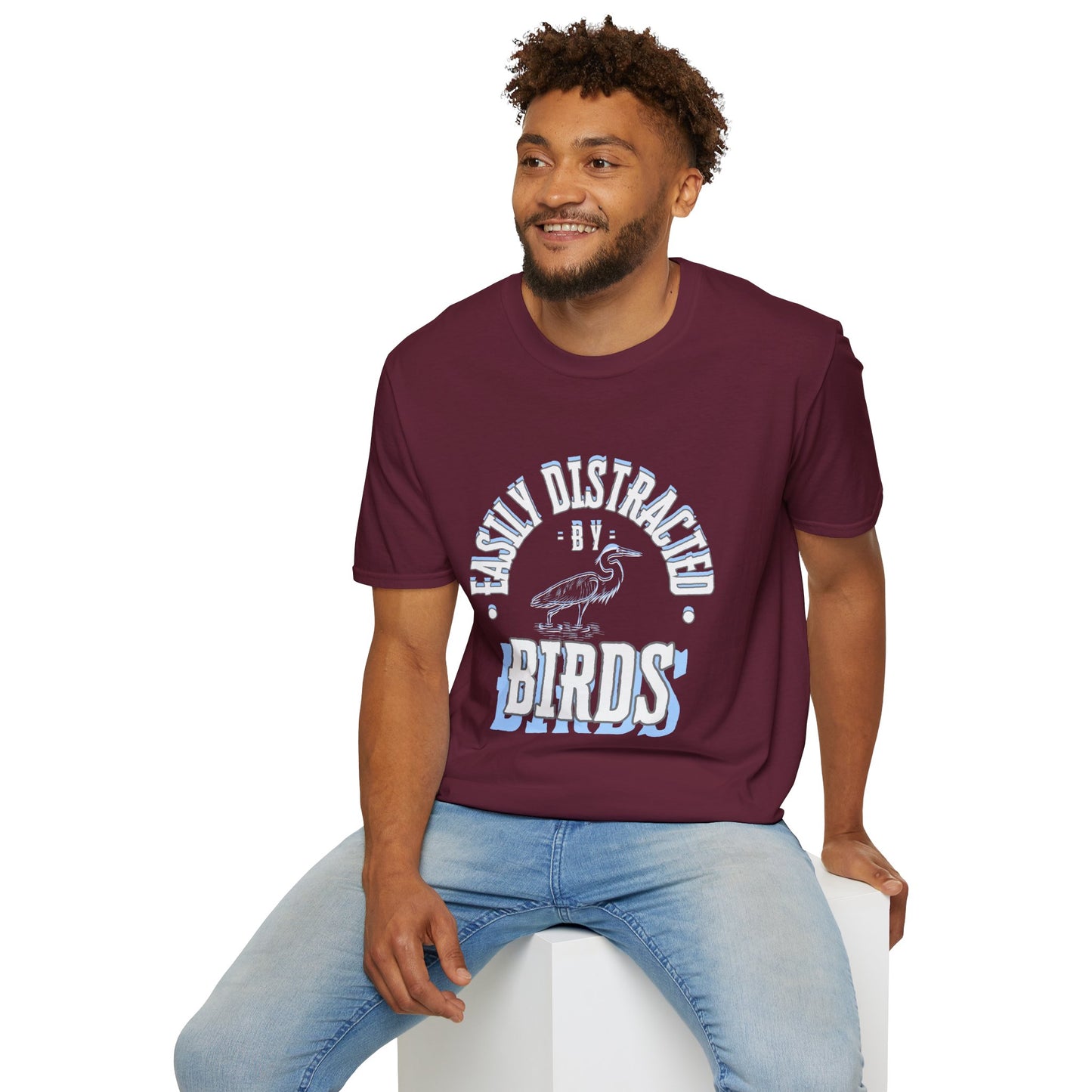 Unisex Softstyle T-Shirt, Distracted by Birds, Heron