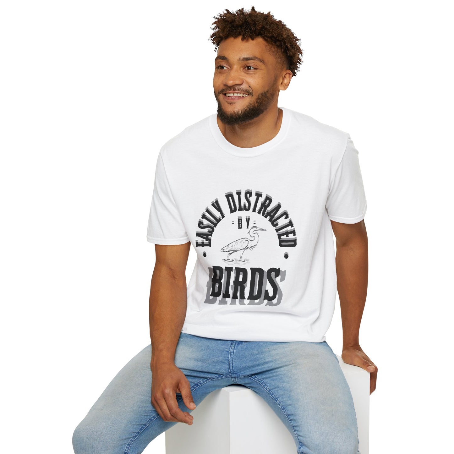 Unisex Softstyle T-Shirt, Distracted by Birds, Heron