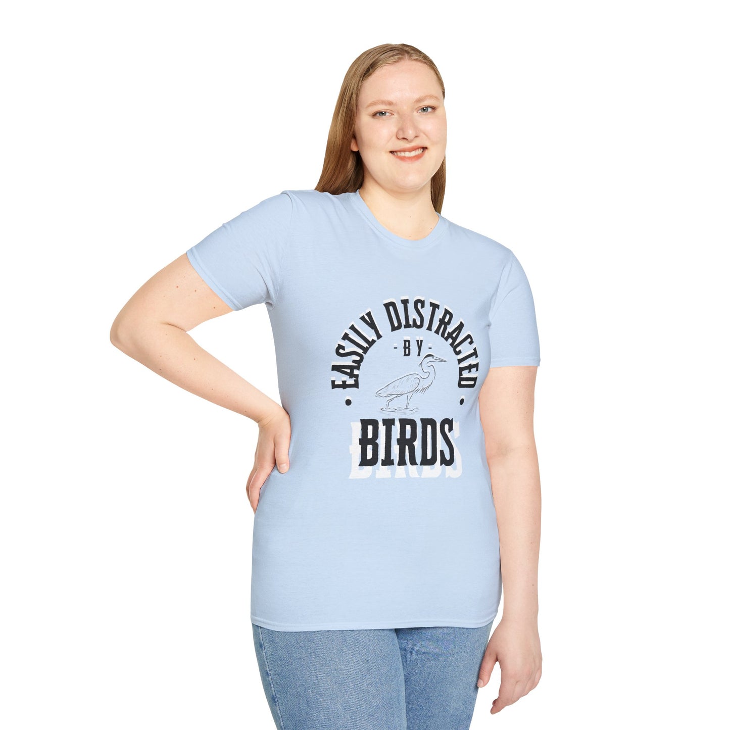 Unisex Softstyle T-Shirt, Distracted by Birds, Heron