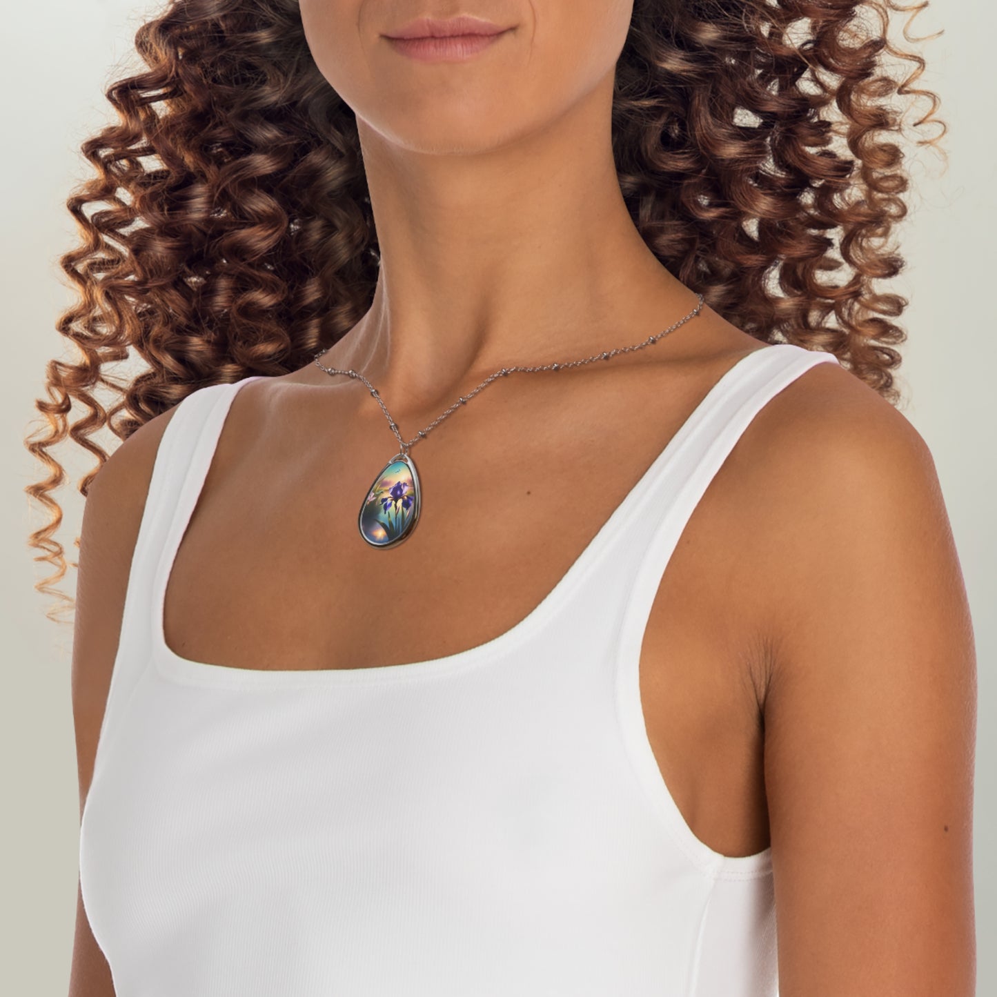 Necklace, Oval, Blue Flag Iris & Dragonflies