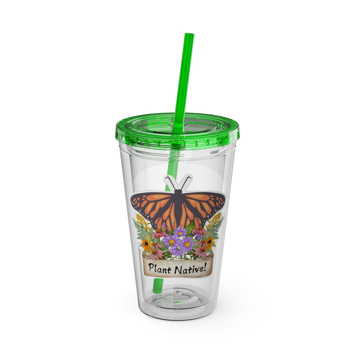 Tumbler with Straw, 16oz, Monarch Plant Native!