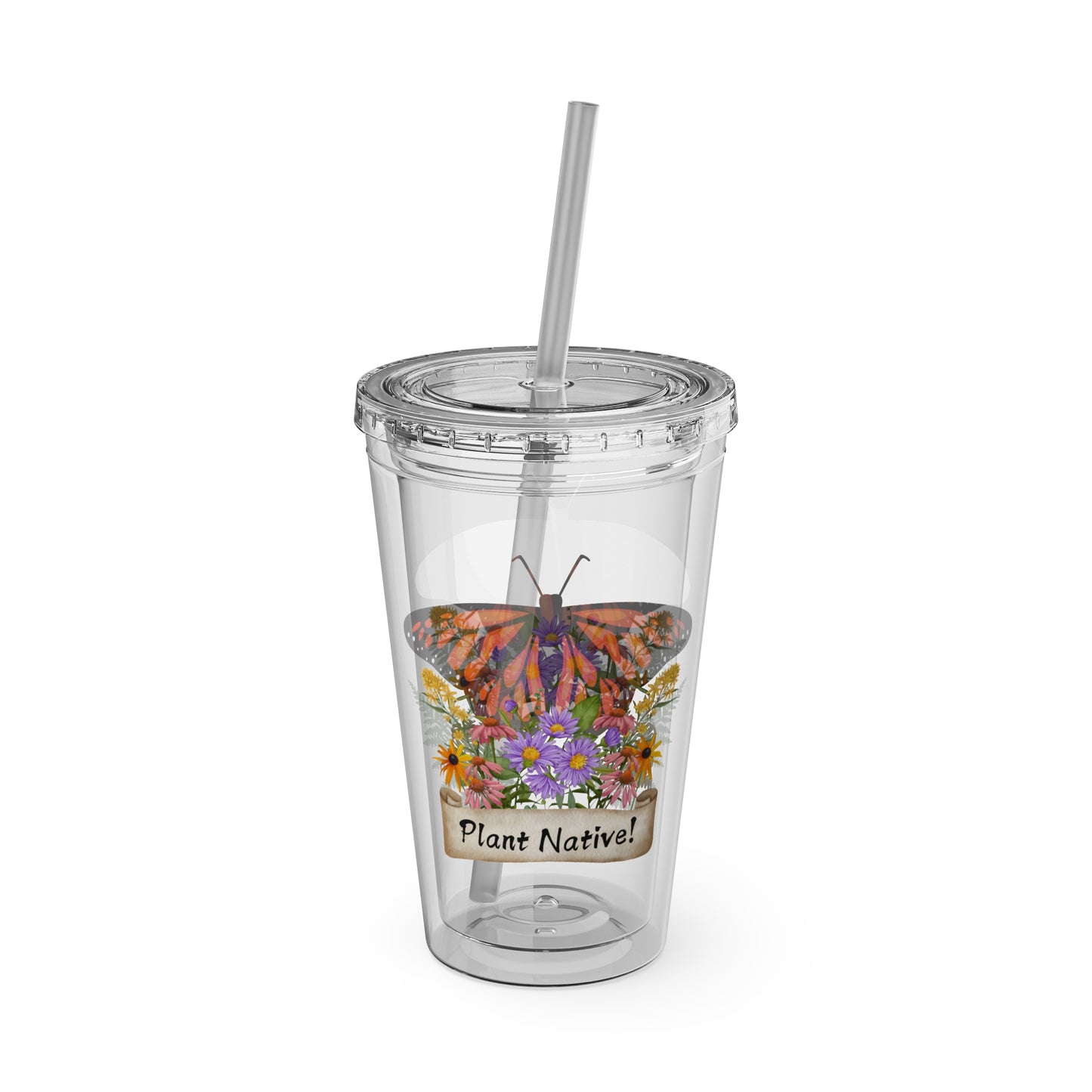Tumbler with Straw, 16oz, Monarch Plant Native!