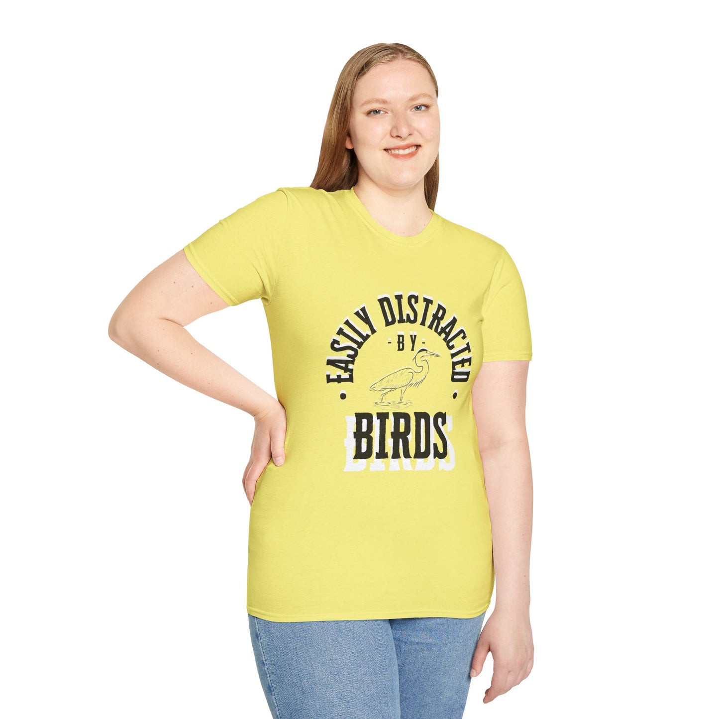 Unisex Softstyle T-Shirt, Distracted by Birds, Heron