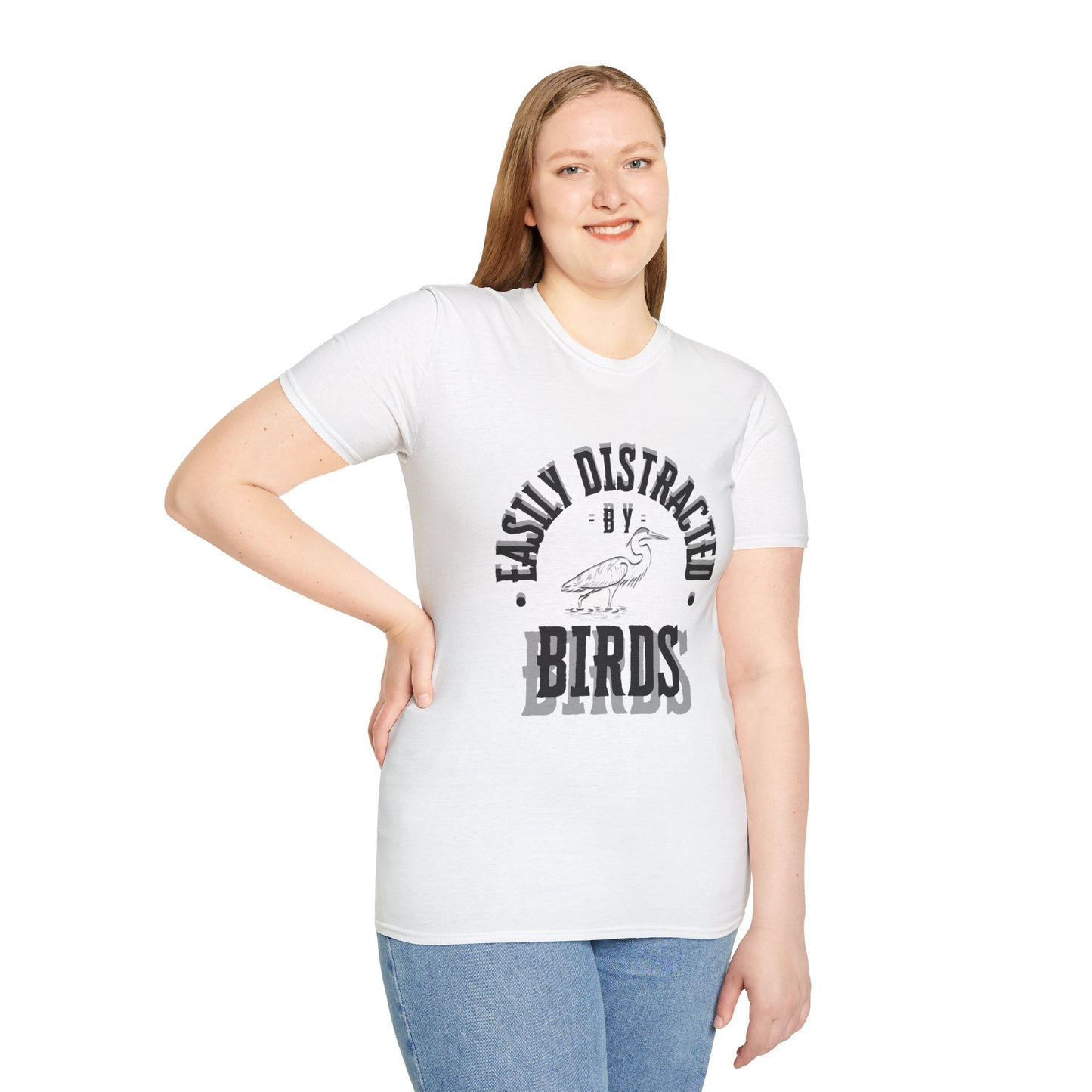 Unisex Softstyle T-Shirt, Distracted by Birds, Heron