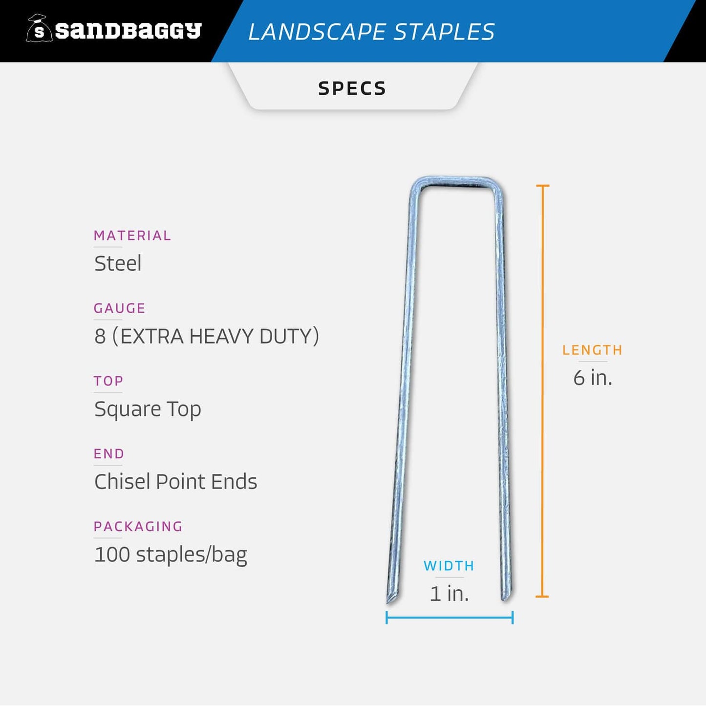 Staples, Landscape, Sandbaggy 6 inch Landscape Sod Staples (8 Gauge Steel) | Great for Hard & Rocky Soil | 40% Thicker Than Standard 11 Gauge Staples | Trusted by Farmers & Contractors Across USA (200 Staples)