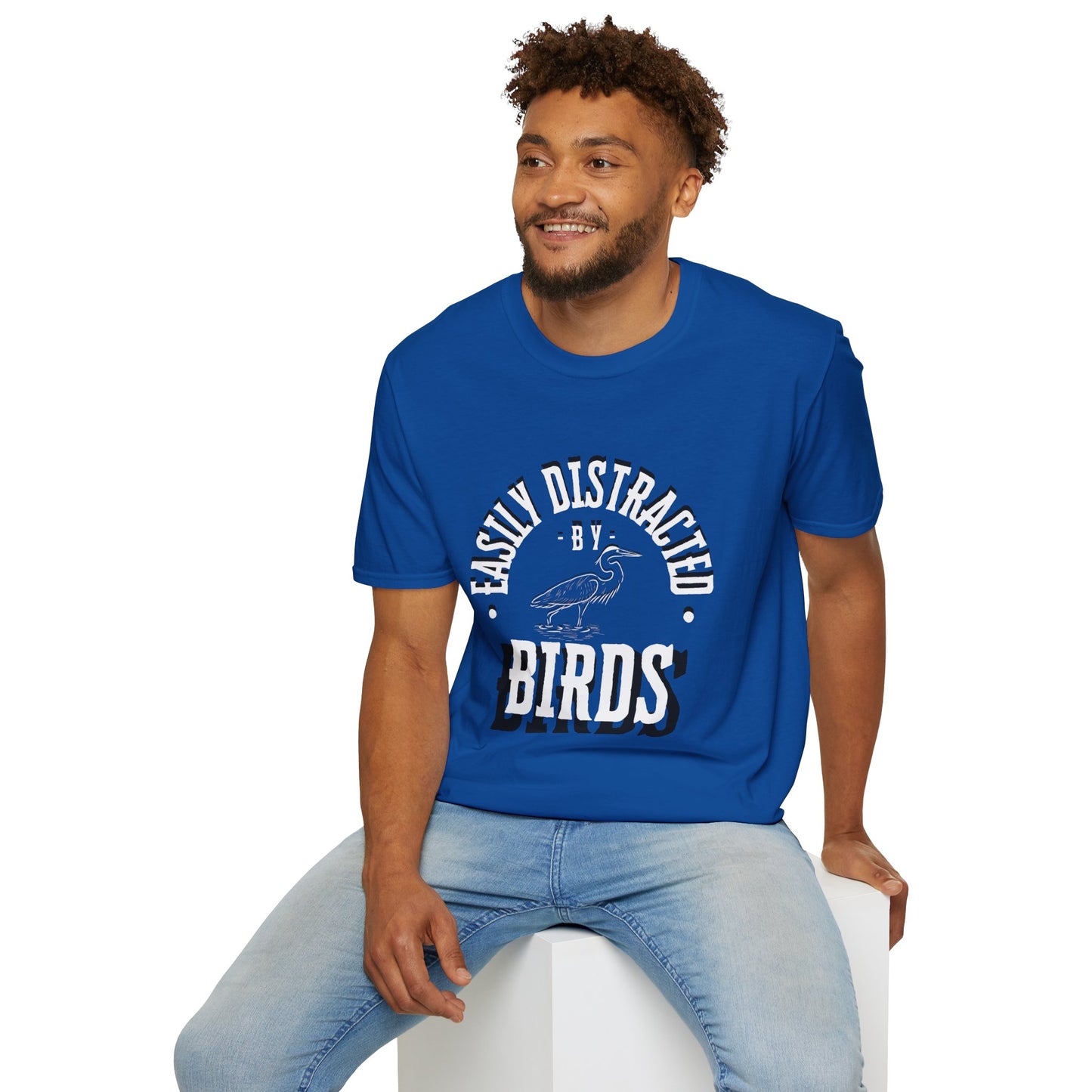 Unisex Softstyle T-Shirt, Distracted by Birds, Heron