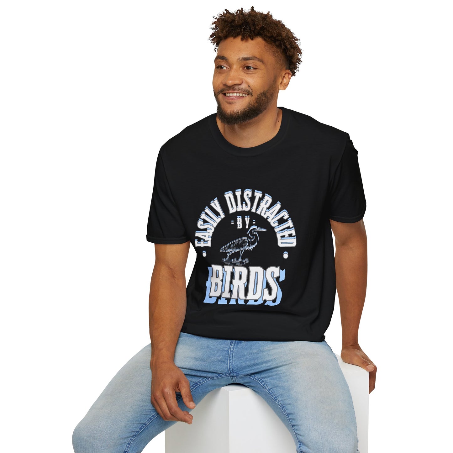 Unisex Softstyle T-Shirt, Distracted by Birds, Heron