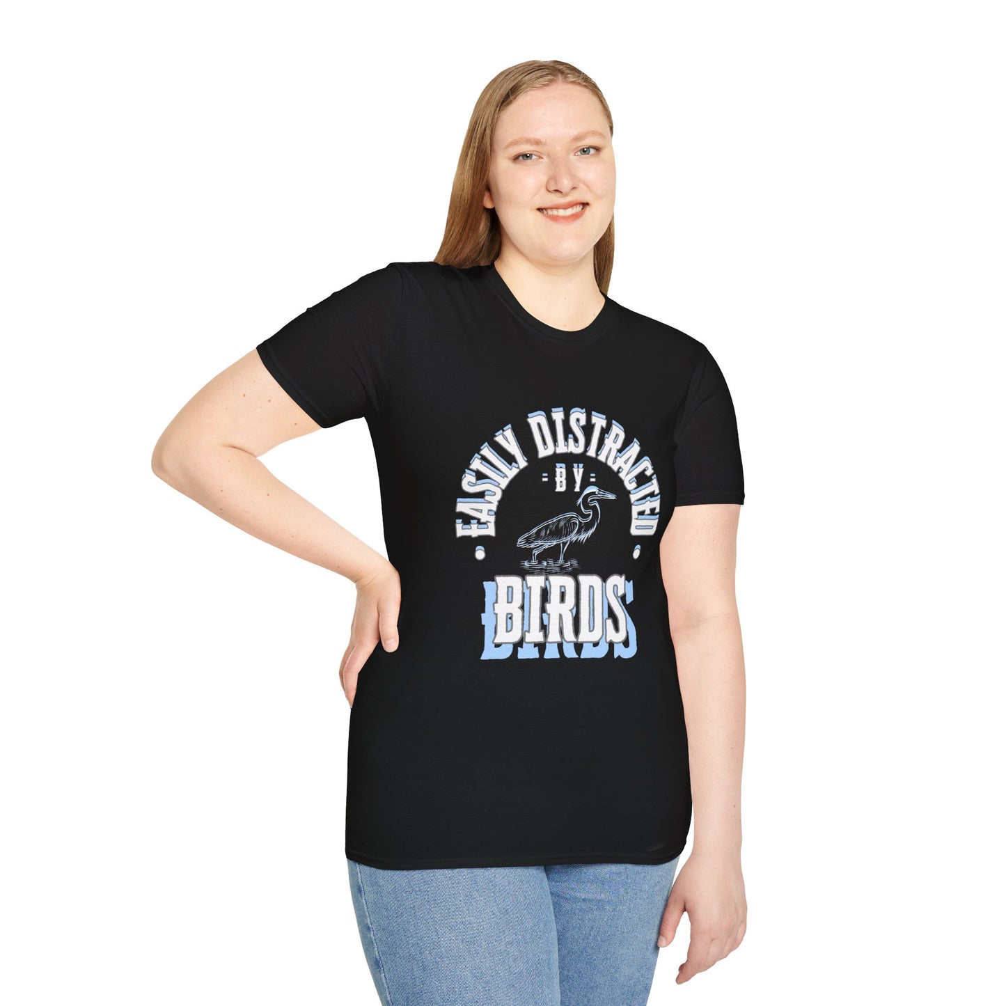 Unisex Softstyle T-Shirt, Distracted by Birds, Heron