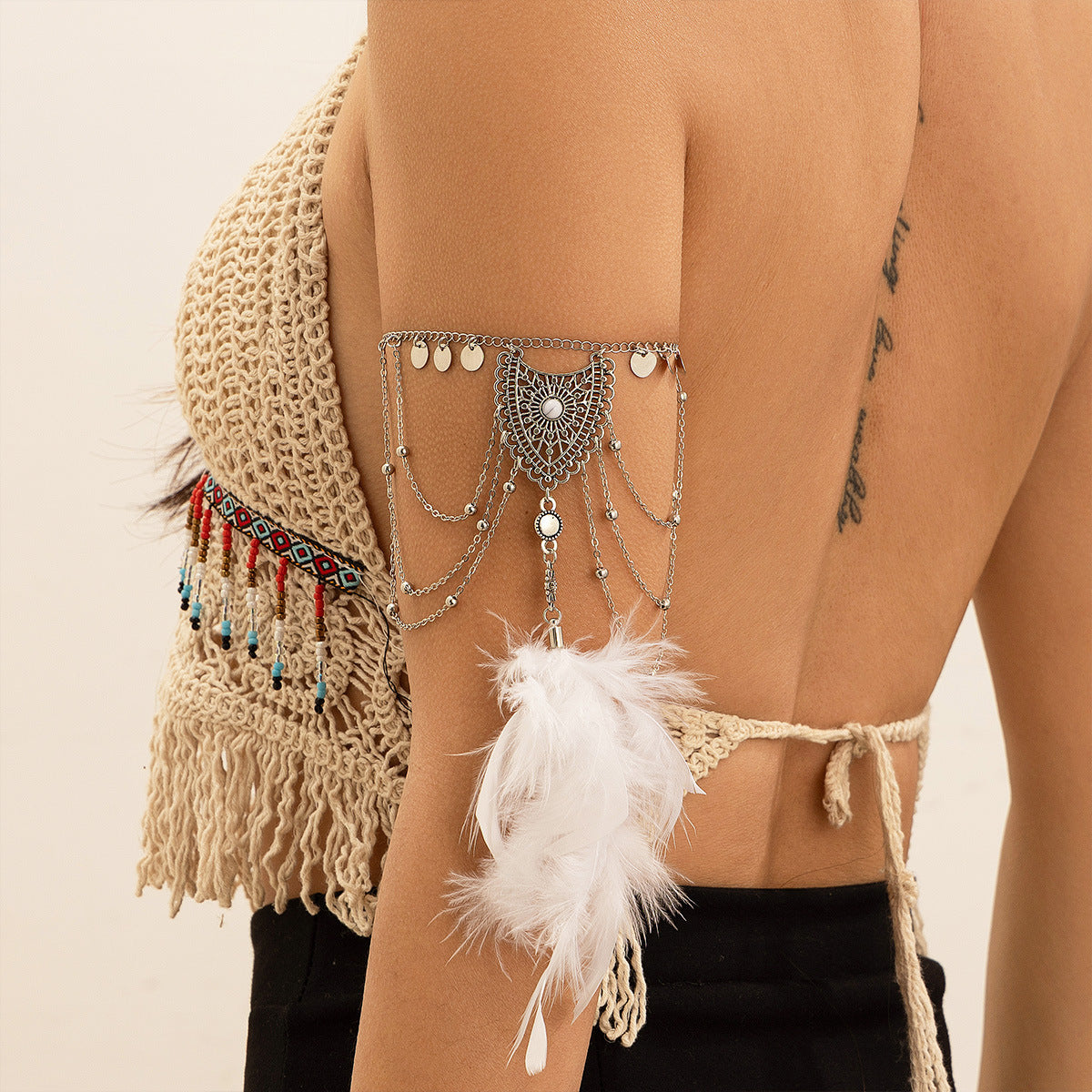 Bohemian metal chain jewelry arm chain punk retro dream catcher net leaf tassel open arm bracelet