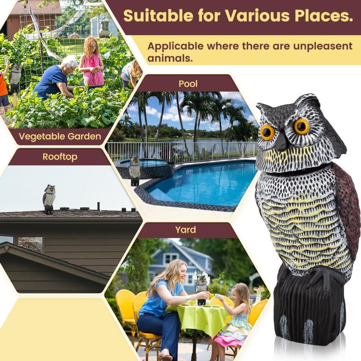 Protecker Owl Decoys to Scare Birds Squirrels Away,Fake Owl Decoys to Scare Squirrels with Rotating Head,Scarecrow Owl Decoy to Keep Birds Away,Garden Owls Bird Scare Devices for Outdoor Patios