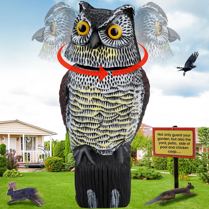 Protecker Owl Decoys to Scare Birds Squirrels Away,Fake Owl Decoys to Scare Squirrels with Rotating Head,Scarecrow Owl Decoy to Keep Birds Away,Garden Owls Bird Scare Devices for Outdoor Patios