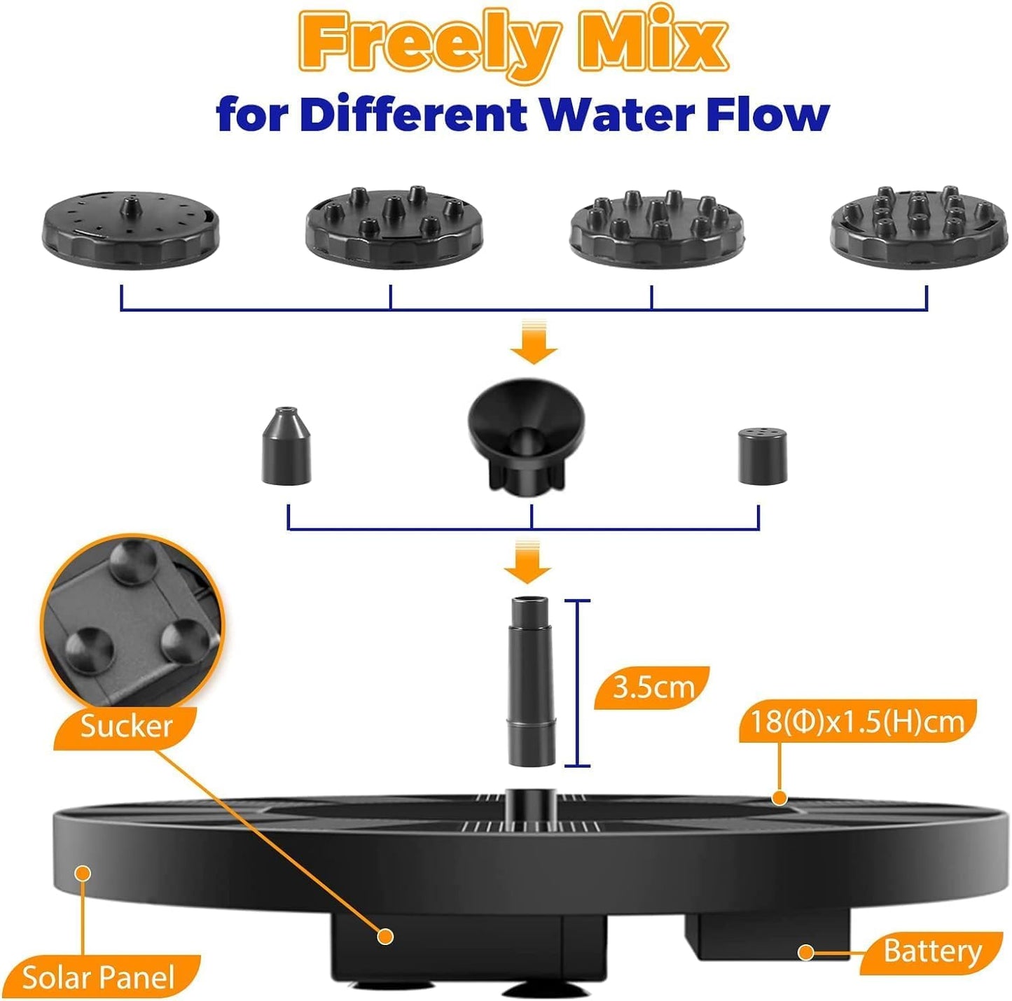 Solar Bird Bath Fountain Pump, 2.5W Upgrade Solar Water Fountain for Bird Bath with 6 Nozzles, 7" Solar Powered Water Fountain Pump for Bird Bath, Garden, Pond, Pool, Outdoor