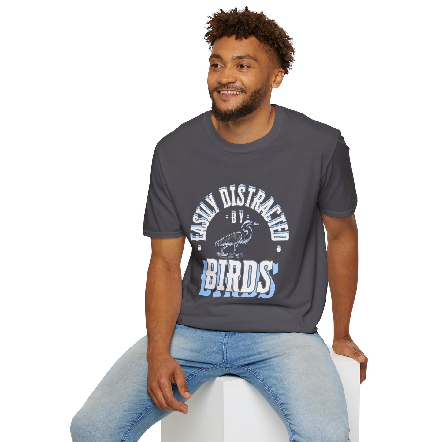 Unisex Softstyle T-Shirt, Distracted by Birds, Heron