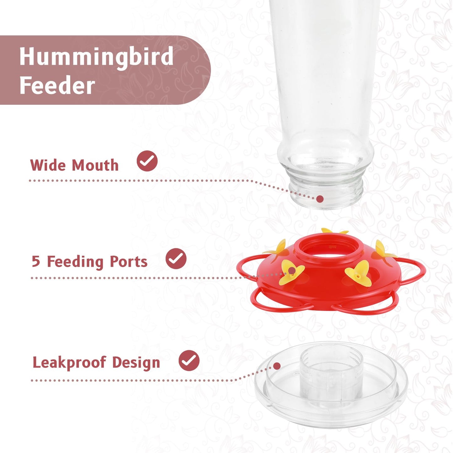 Urban Deco Glass Hummingbird Feeder for Outdoor Hanging Bird Feeder, 5 Feeding Port Bird Water Feeder, 10-Oz Nectar Capacity Mason Jar Hummingbird Feeder (Red - Pack of 2)