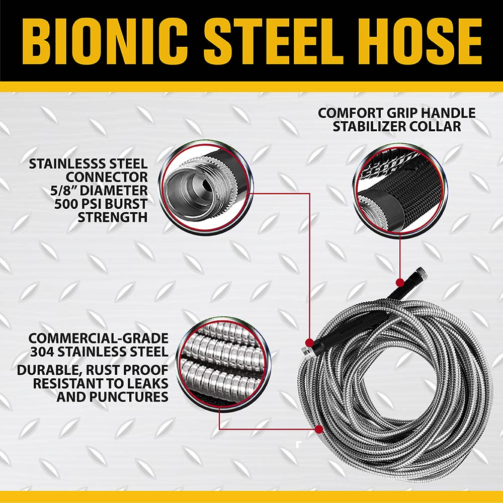 Bionic Steel 25 FT Garden Hose with Nozzle, 304 Stainless Steel Metal Water Hose 25Ft, Flexible Hose, Kink Free, Lightweight and Durable, Crush Resistant Fitting, Easy to Coil, 500 PSI - 2024 Model