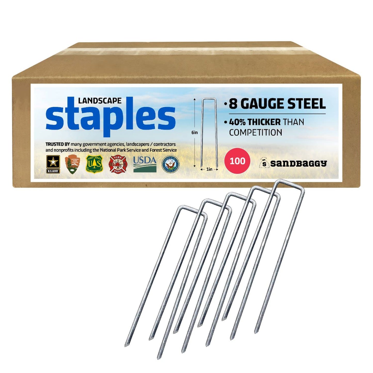 Staples, Landscape, Sandbaggy 6 inch Landscape Sod Staples (8 Gauge Steel) | Great for Hard & Rocky Soil | 40% Thicker Than Standard 11 Gauge Staples | Trusted by Farmers & Contractors Across USA (200 Staples)