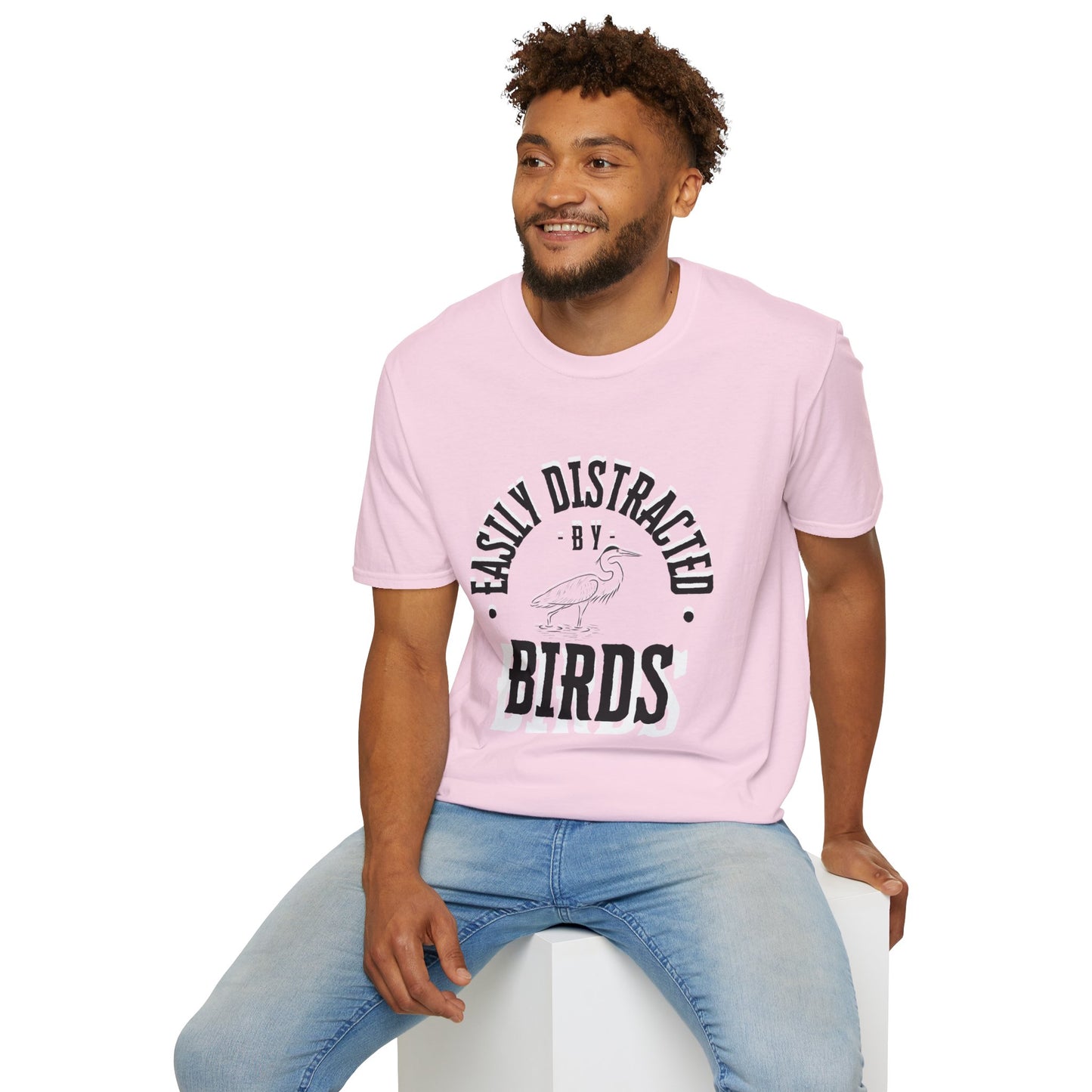 Unisex Softstyle T-Shirt, Distracted by Birds, Heron