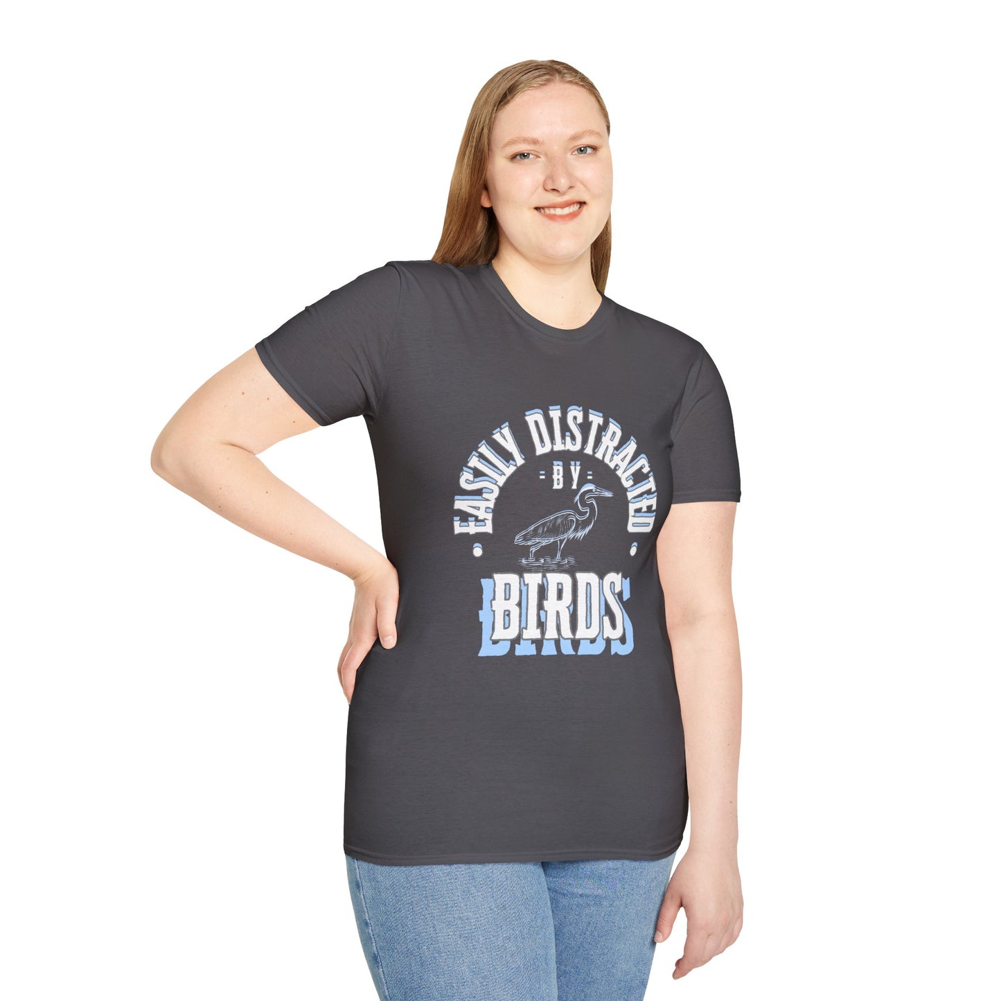 Unisex Softstyle T-Shirt, Distracted by Birds, Heron