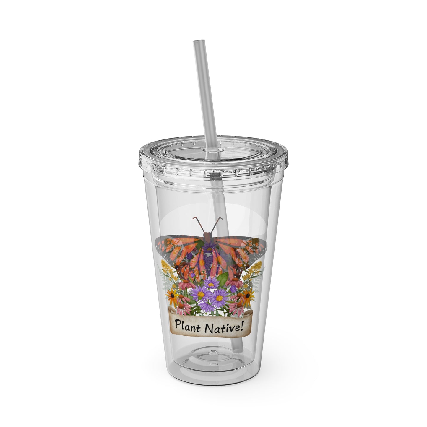 Tumbler with Straw, 16oz, Monarch Plant Native!