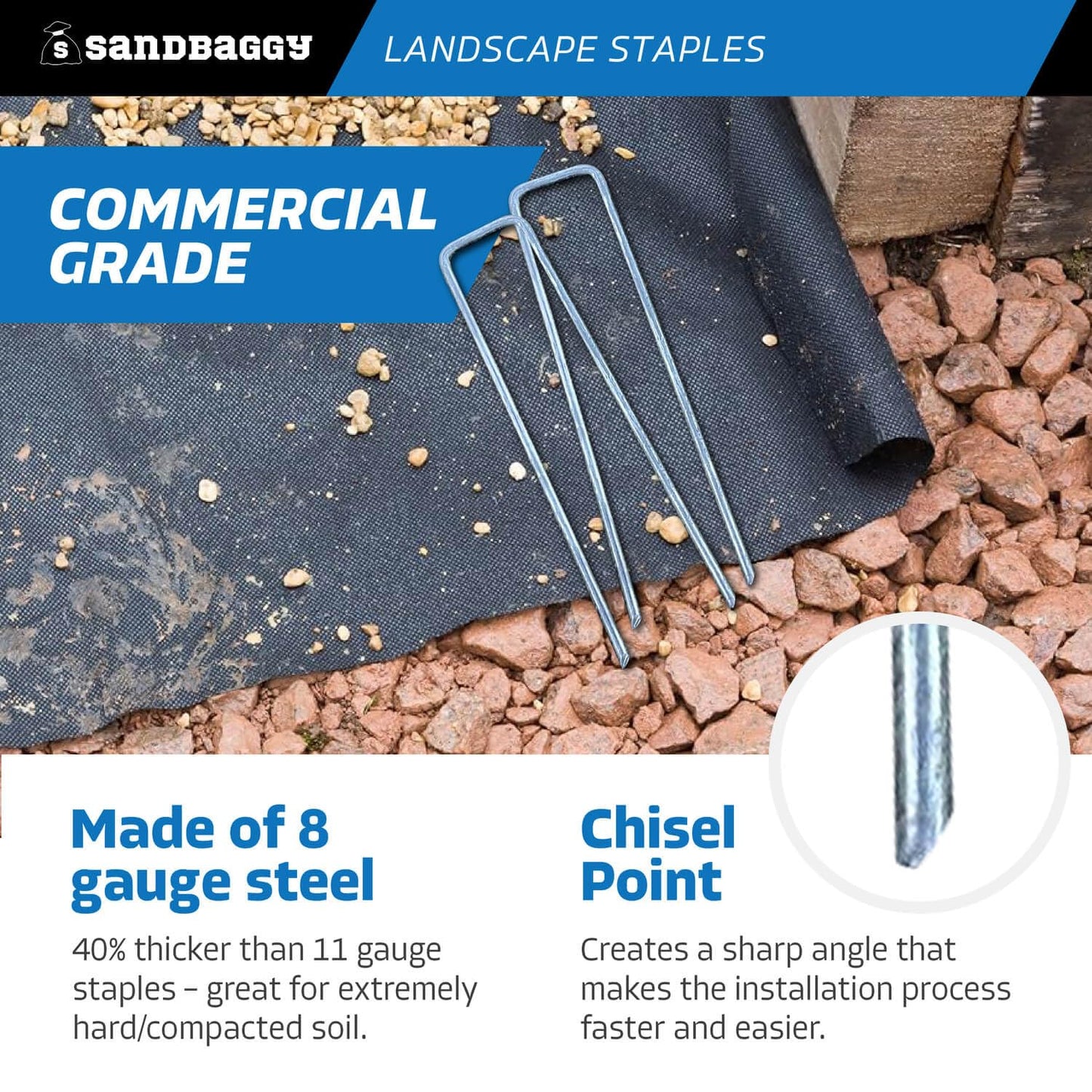 Staples, Landscape, Sandbaggy 6 inch Landscape Sod Staples (8 Gauge Steel) | Great for Hard & Rocky Soil | 40% Thicker Than Standard 11 Gauge Staples | Trusted by Farmers & Contractors Across USA (200 Staples)