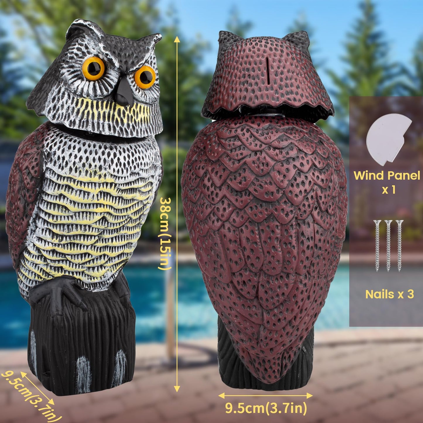 Protecker Owl Decoys to Scare Birds Squirrels Away,Fake Owl Decoys to Scare Squirrels with Rotating Head,Scarecrow Owl Decoy to Keep Birds Away,Garden Owls Bird Scare Devices for Outdoor Patios