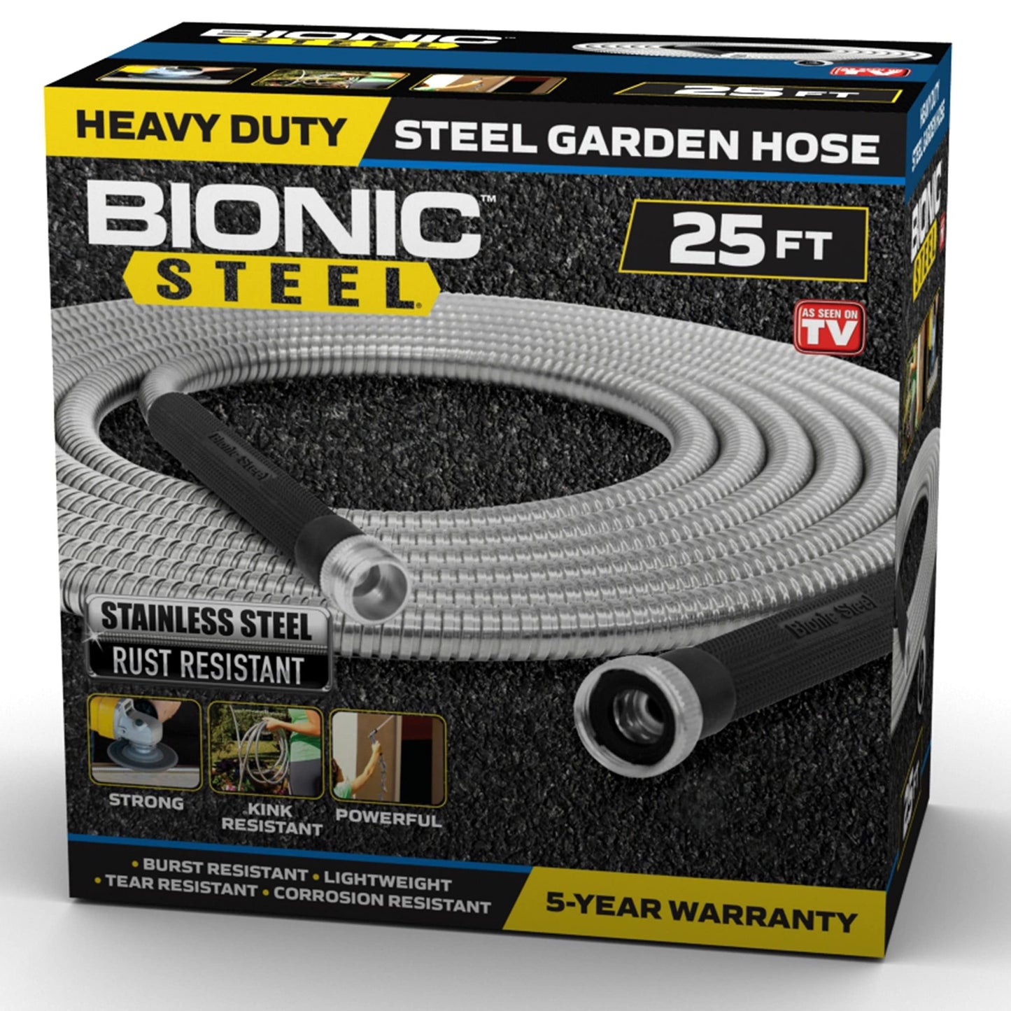 Bionic Steel 25 FT Garden Hose with Nozzle, 304 Stainless Steel Metal Water Hose 25Ft, Flexible Hose, Kink Free, Lightweight and Durable, Crush Resistant Fitting, Easy to Coil, 500 PSI - 2024 Model