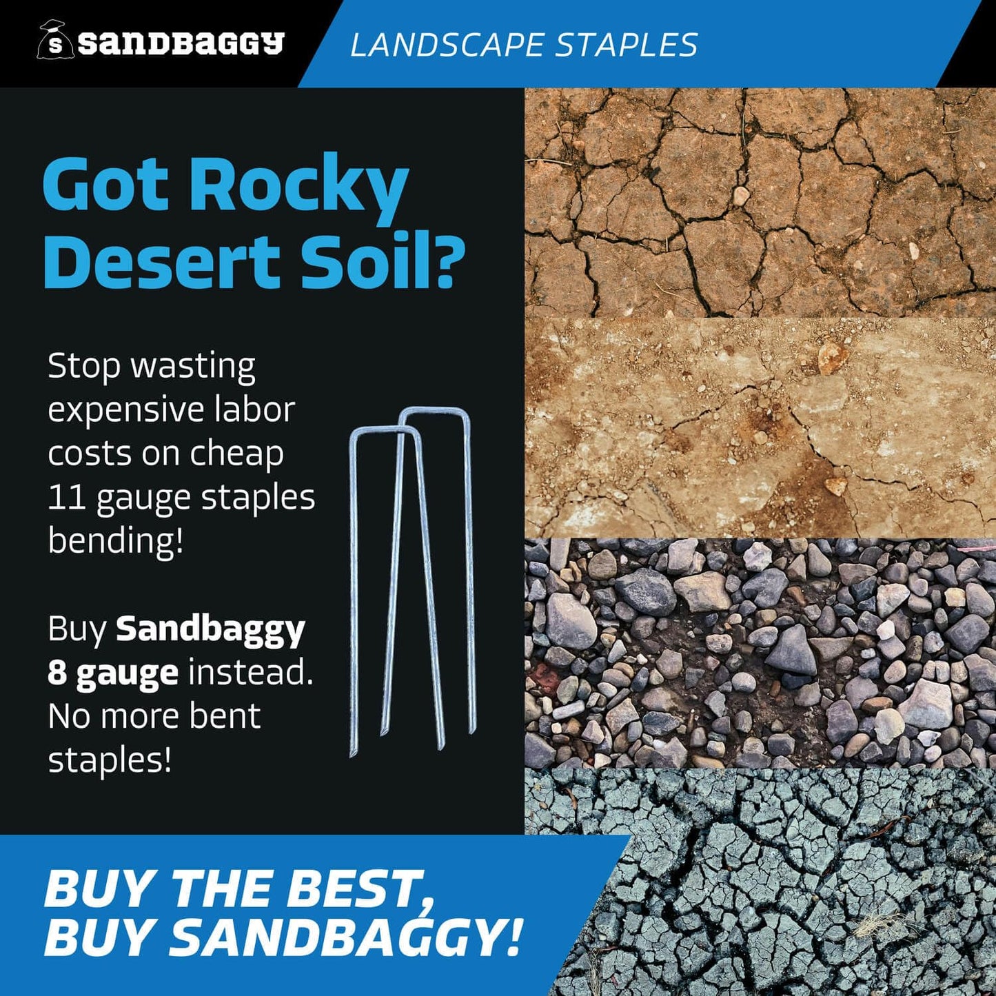 Staples, Landscape, Sandbaggy 6 inch Landscape Sod Staples (8 Gauge Steel) | Great for Hard & Rocky Soil | 40% Thicker Than Standard 11 Gauge Staples | Trusted by Farmers & Contractors Across USA (200 Staples)