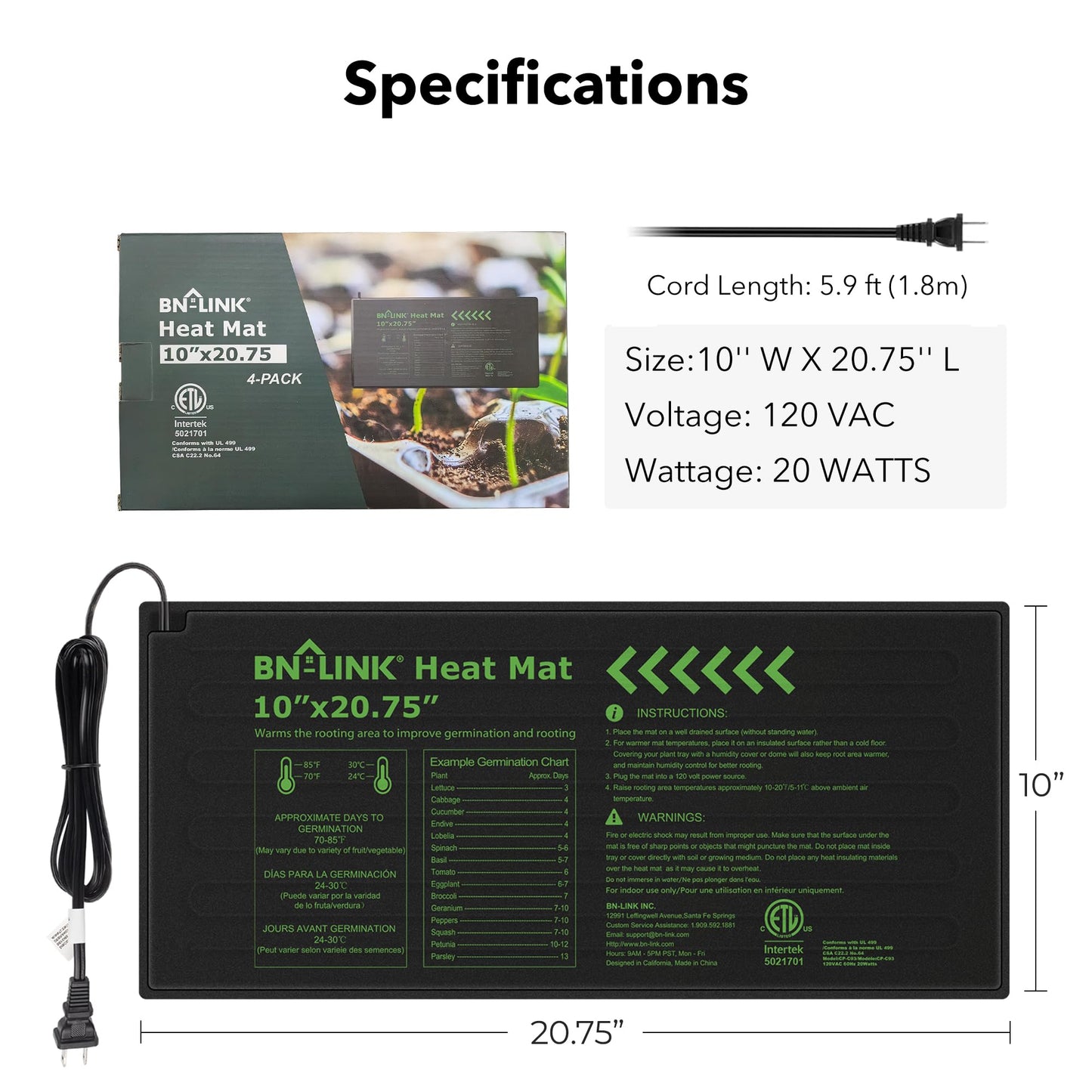 BN-LINK Durable Seedling Heat Mat Warm Hydroponic Heating Pad Waterproof 10" x 20.75" - 4 Pack for Seed Starting Greenhouse and Germination