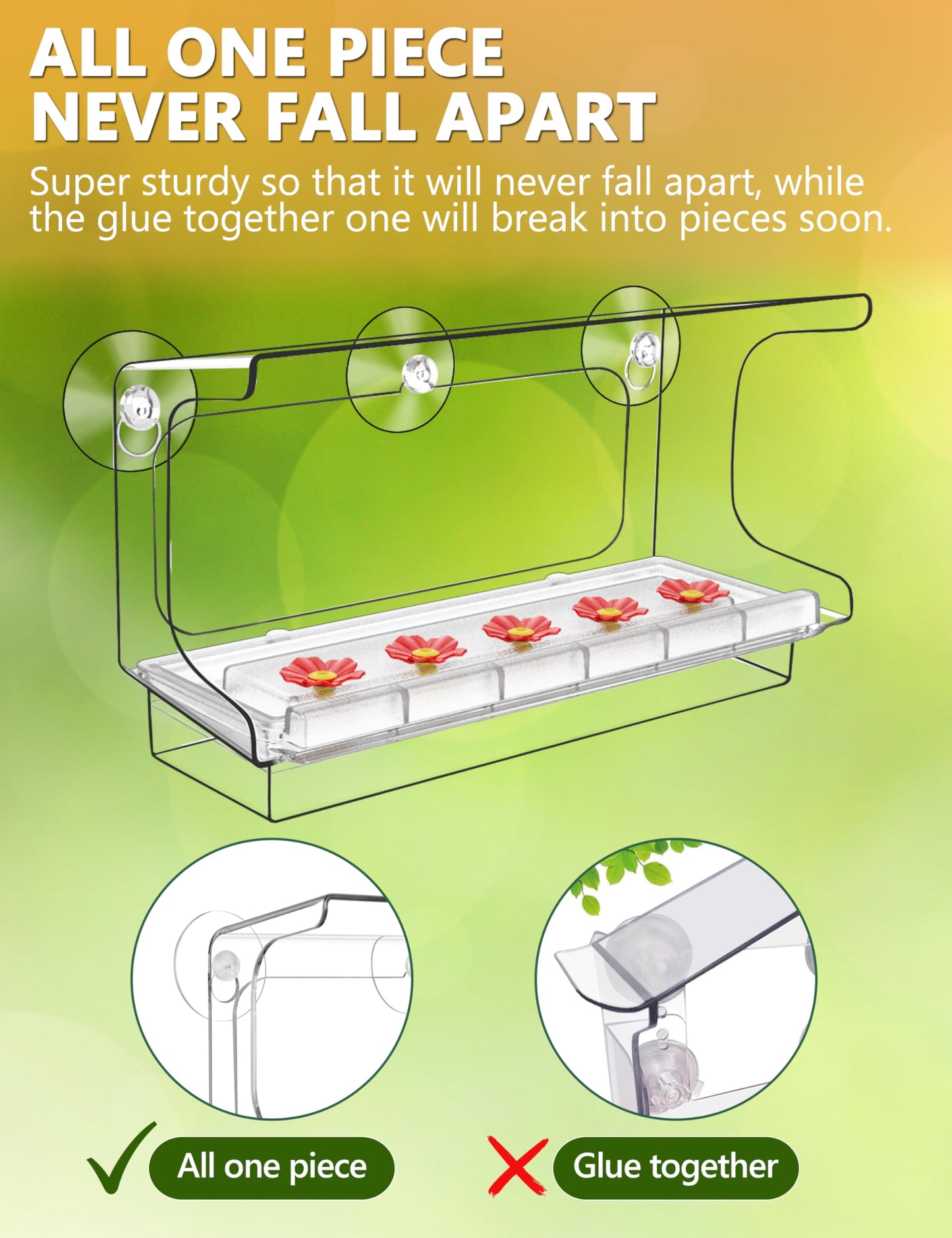 LUJII All One Piece Window Hummingbird Feeder with 5 Strongest Suction Cups, 20 fl.oz Hummer Feeder for Outside, Removable Lift-up Nectar Tray with 5 Feeding Ports, Gift for Bird Lover (Clear)