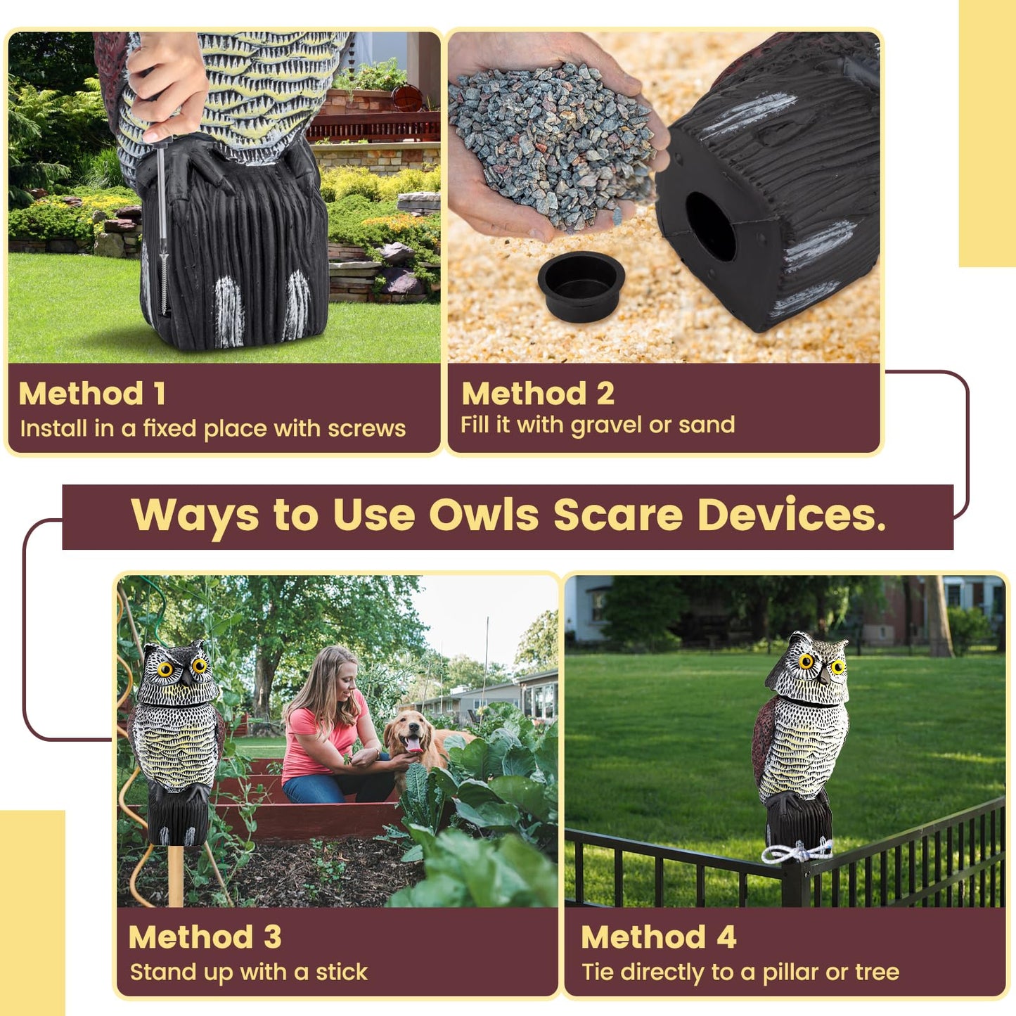 Protecker Owl Decoys to Scare Birds Squirrels Away,Fake Owl Decoys to Scare Squirrels with Rotating Head,Scarecrow Owl Decoy to Keep Birds Away,Garden Owls Bird Scare Devices for Outdoor Patios