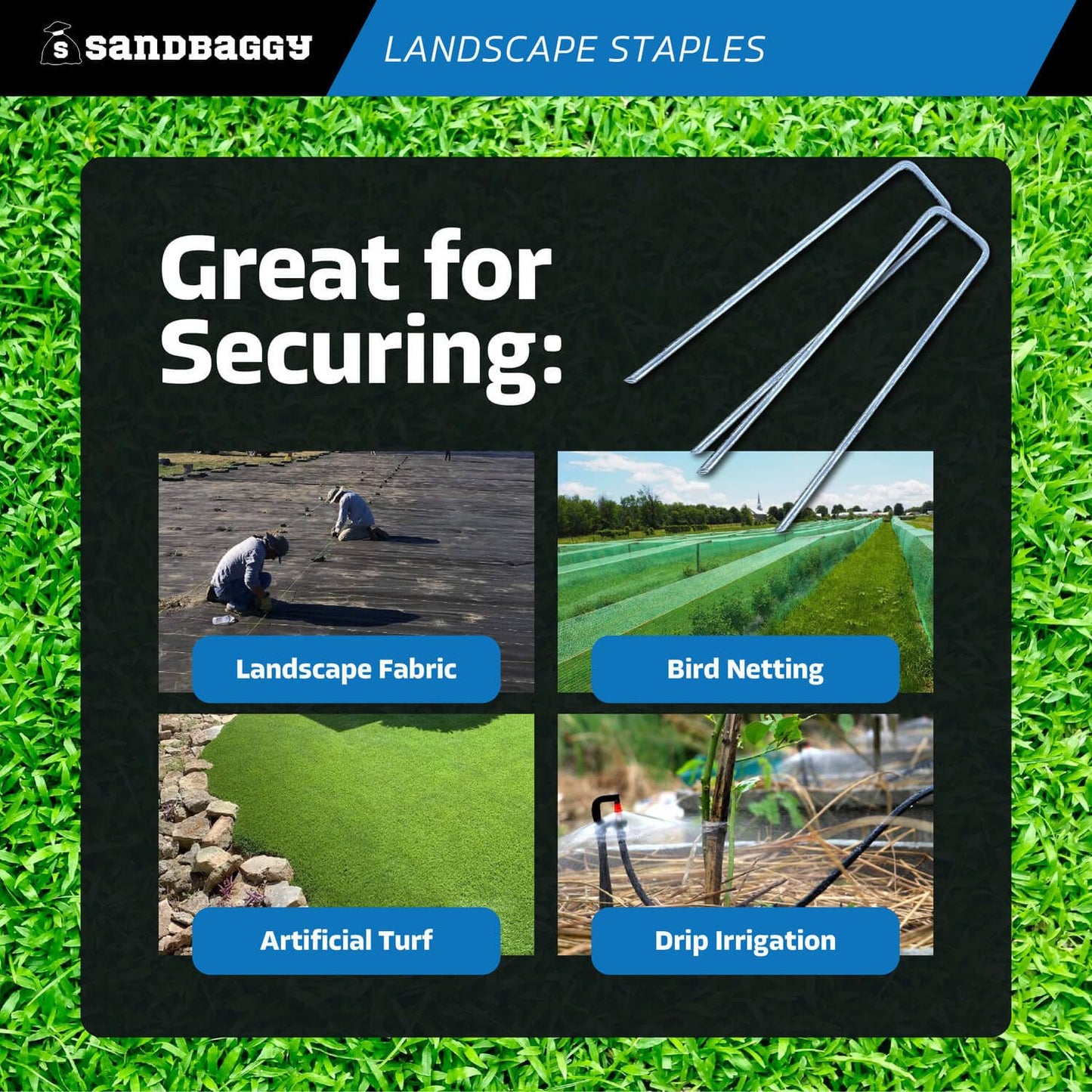 Staples, Landscape, Sandbaggy 6 inch Landscape Sod Staples (8 Gauge Steel) | Great for Hard & Rocky Soil | 40% Thicker Than Standard 11 Gauge Staples | Trusted by Farmers & Contractors Across USA (200 Staples)
