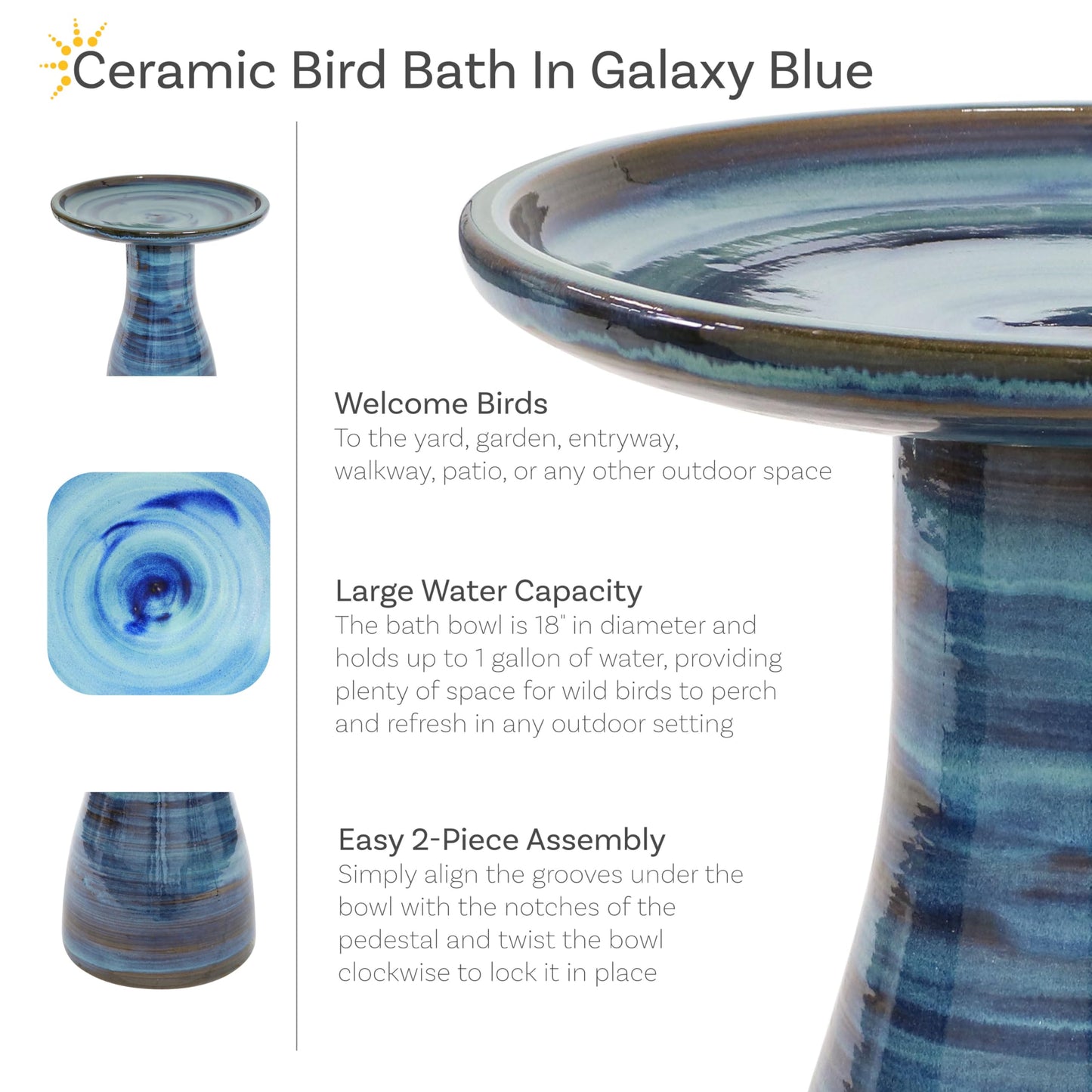 Sunnydaze 21" H Ceramic Bird Bath for Outside - Hand-Painted Outdoor Bird Bath Bowl, UV/Frost-Resistant Finish - Galaxy Blue - Classic Pedestal