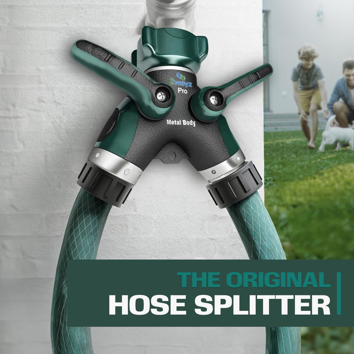 2WAYZ Hose Splitter 2 Way Heavy Duty - Outdoor Faucet and Garden Hose Splitter - Durable Water Spigot Splitter Y Adapter - All-Metal Water Hose Connector with Shut-Off Valve - 4 x 4 x 1.5 Inches