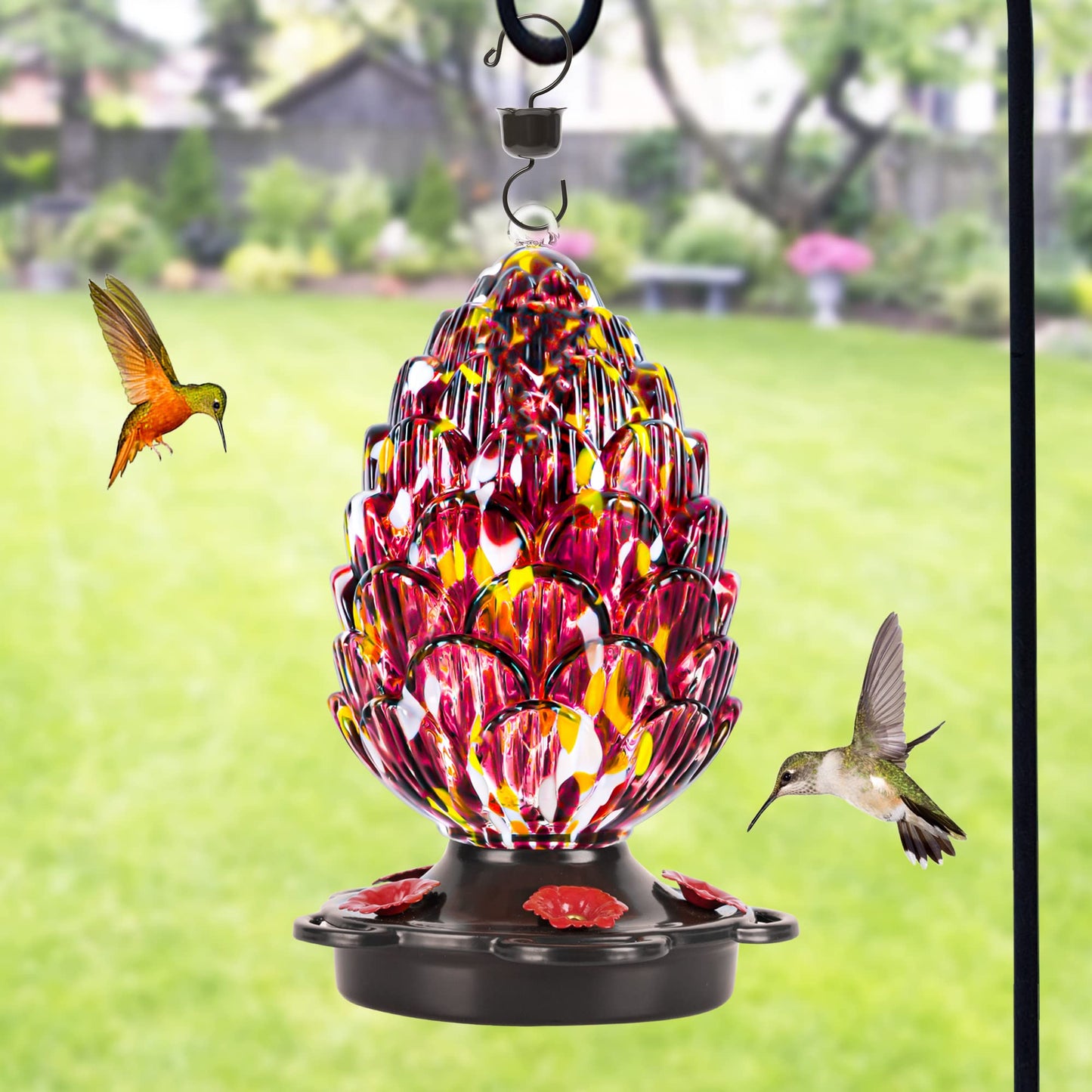 LUJII Pine Cone Shaped Hand Blown Glass Hummingbird Feeder for Outdoors Hanging, Rust Proof & Leak Proof, 25 fl.oz, Unique Gift for Bird Lover, Garden & Backyard Decor, Purple