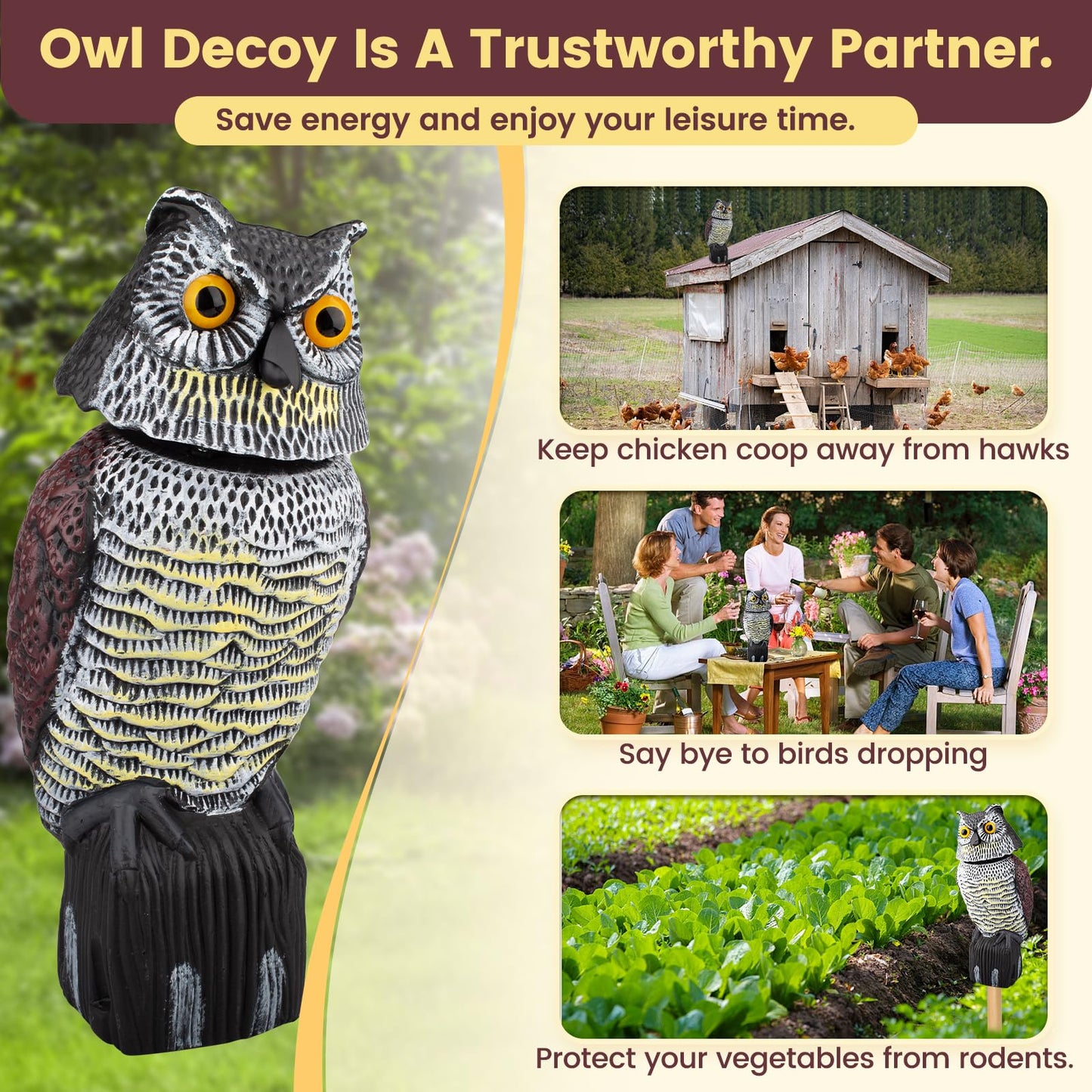 Protecker Owl Decoys to Scare Birds Squirrels Away,Fake Owl Decoys to Scare Squirrels with Rotating Head,Scarecrow Owl Decoy to Keep Birds Away,Garden Owls Bird Scare Devices for Outdoor Patios