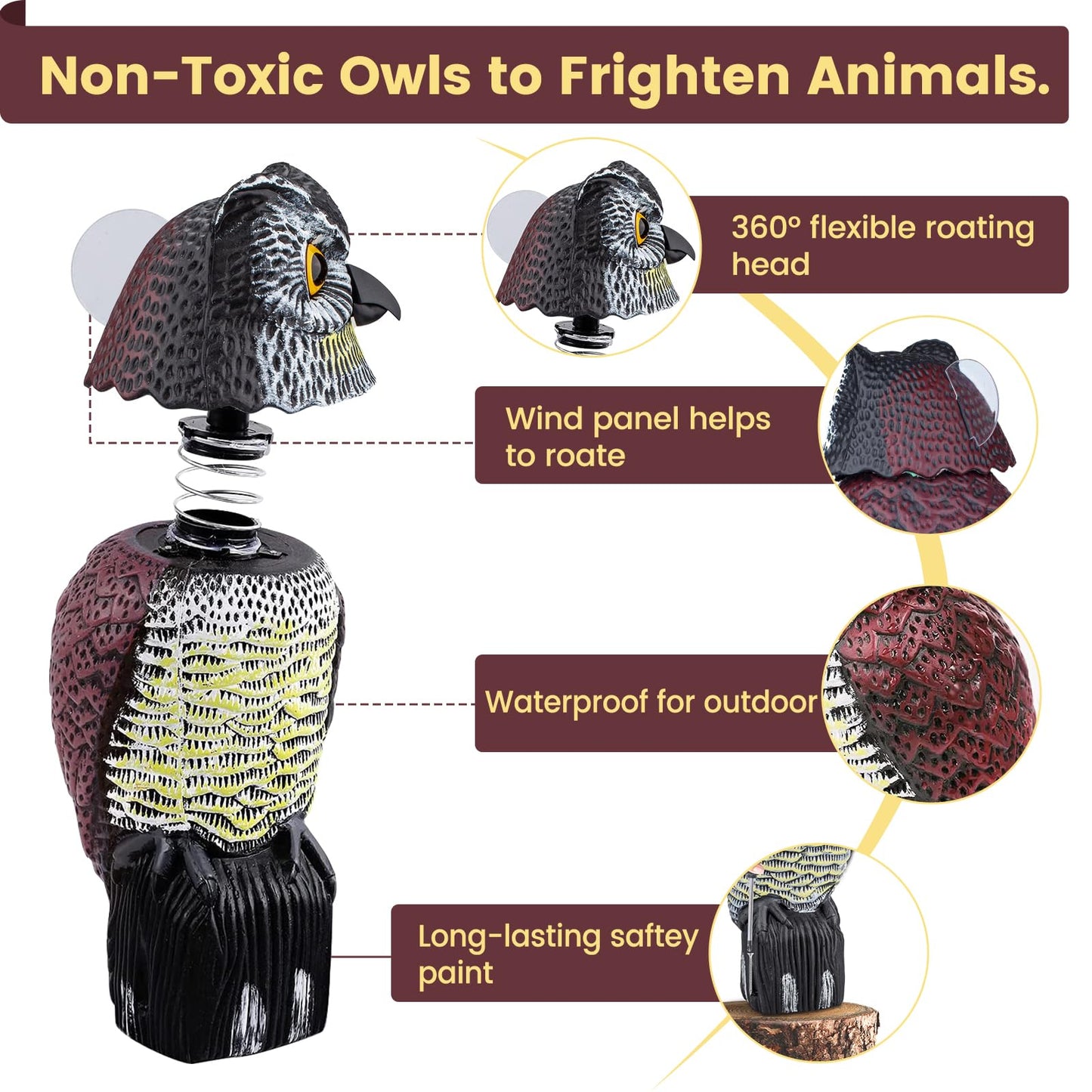 Protecker Owl Decoys to Scare Birds Squirrels Away,Fake Owl Decoys to Scare Squirrels with Rotating Head,Scarecrow Owl Decoy to Keep Birds Away,Garden Owls Bird Scare Devices for Outdoor Patios