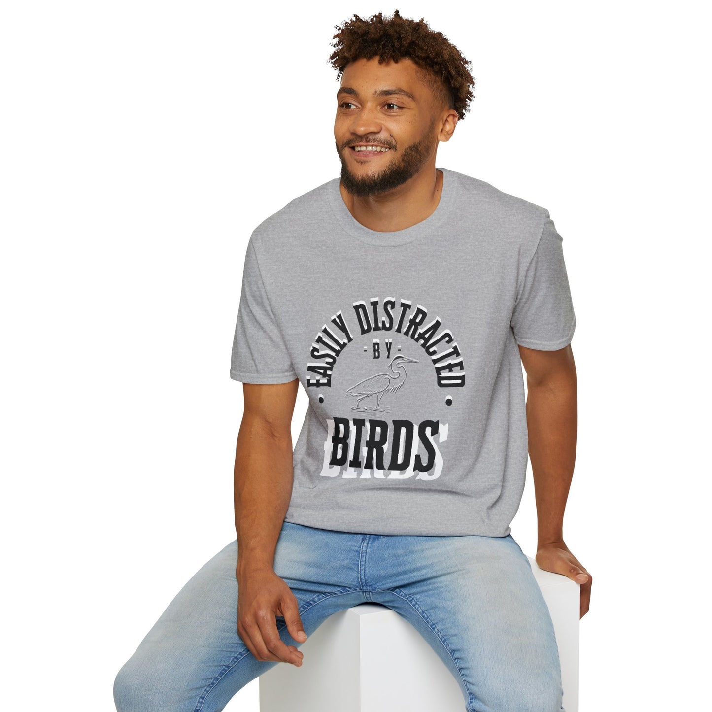 Unisex Softstyle T-Shirt, Distracted by Birds, Heron