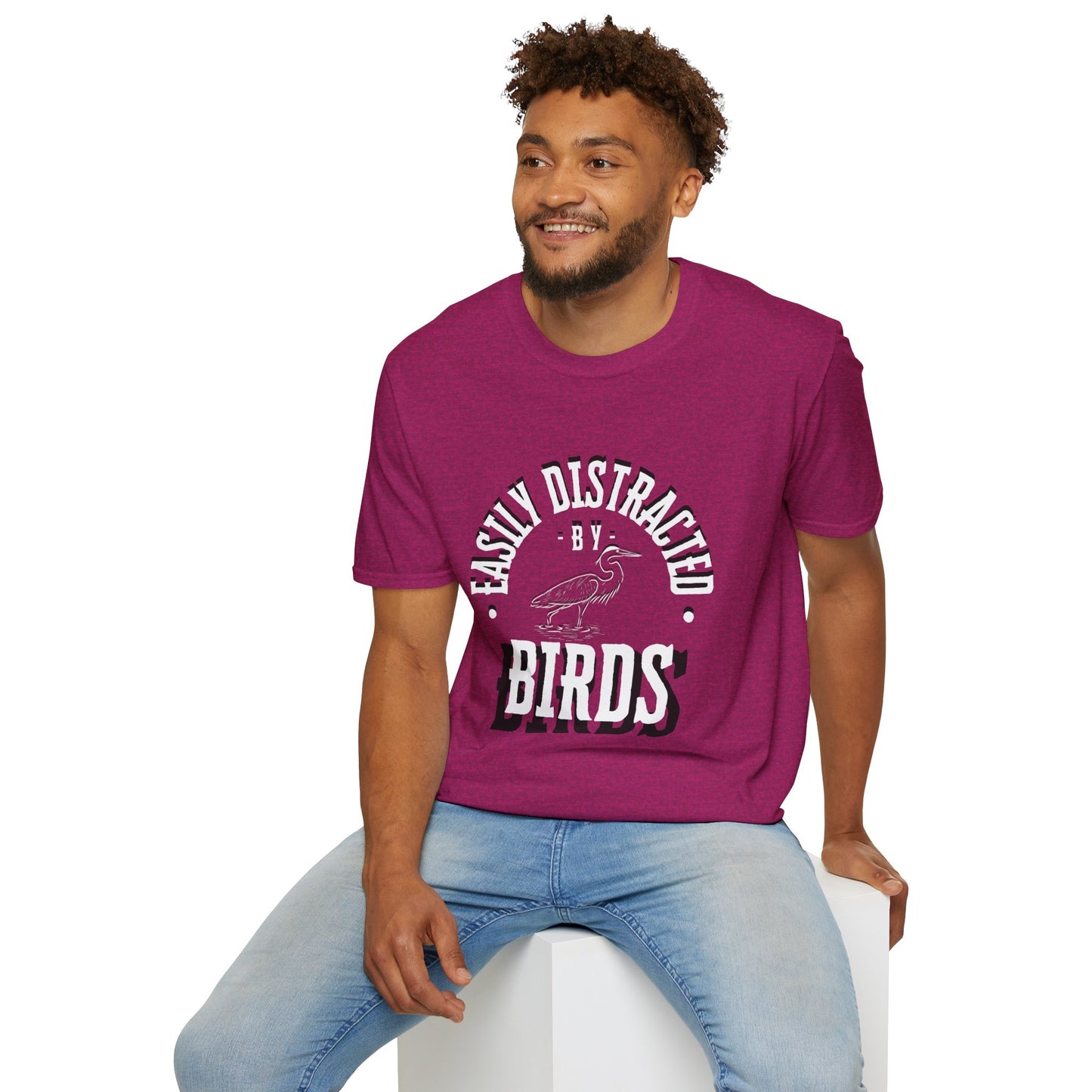 Unisex Softstyle T-Shirt, Distracted by Birds, Heron