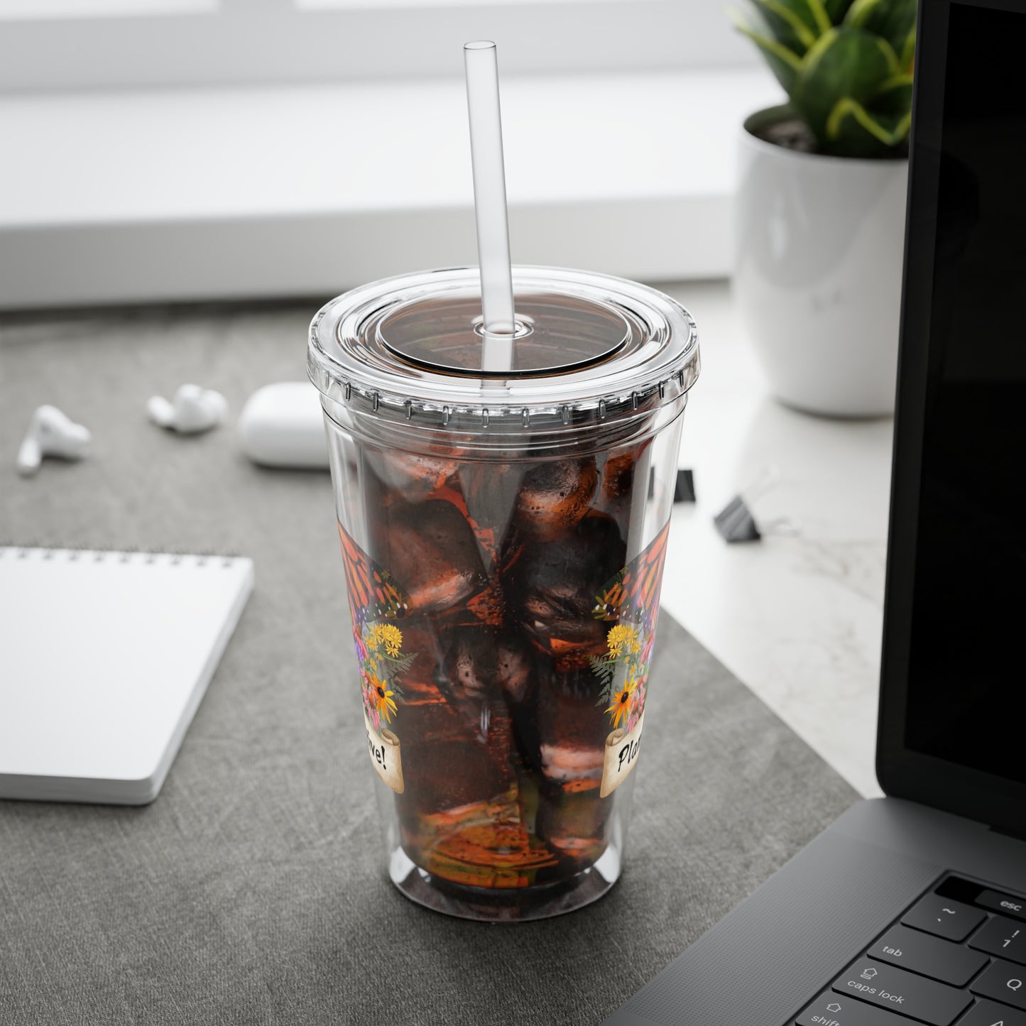 Tumbler with Straw, 16oz, Monarch Plant Native!