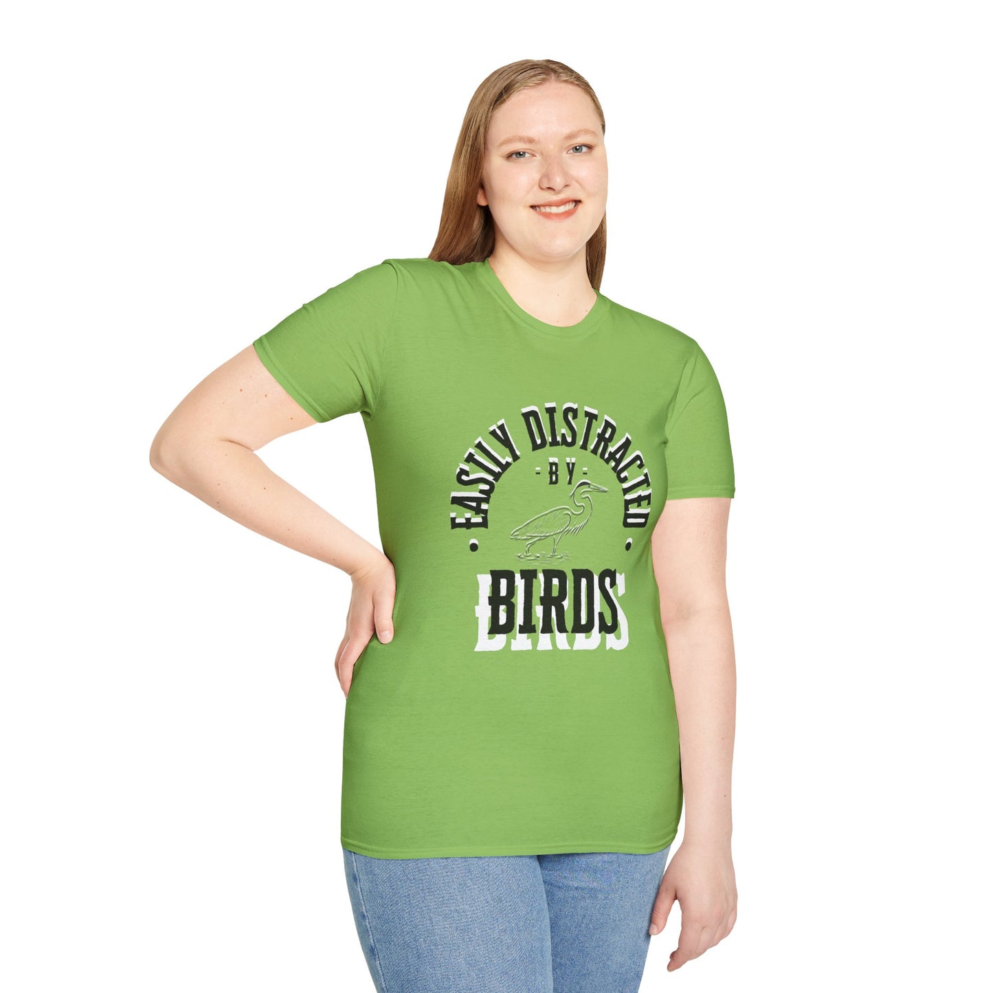Unisex Softstyle T-Shirt, Distracted by Birds, Heron