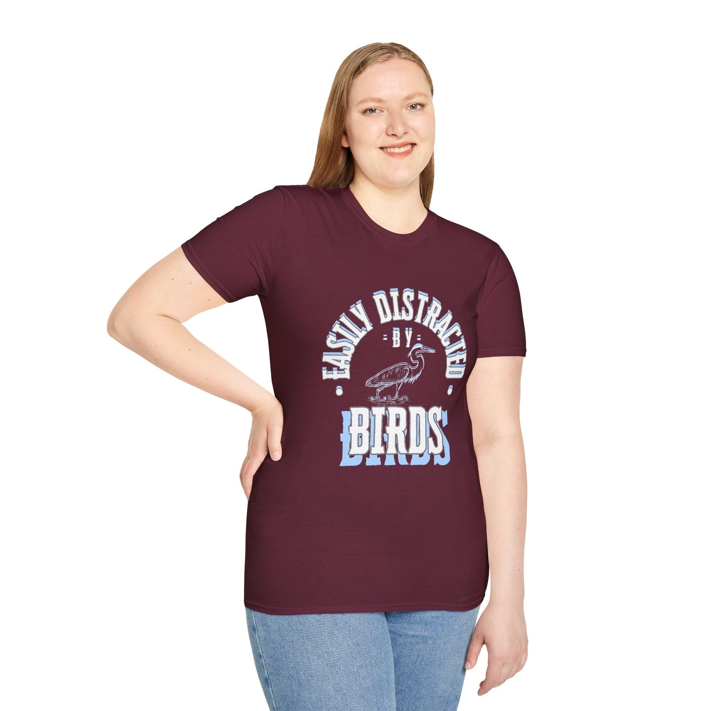 Unisex Softstyle T-Shirt, Distracted by Birds, Heron