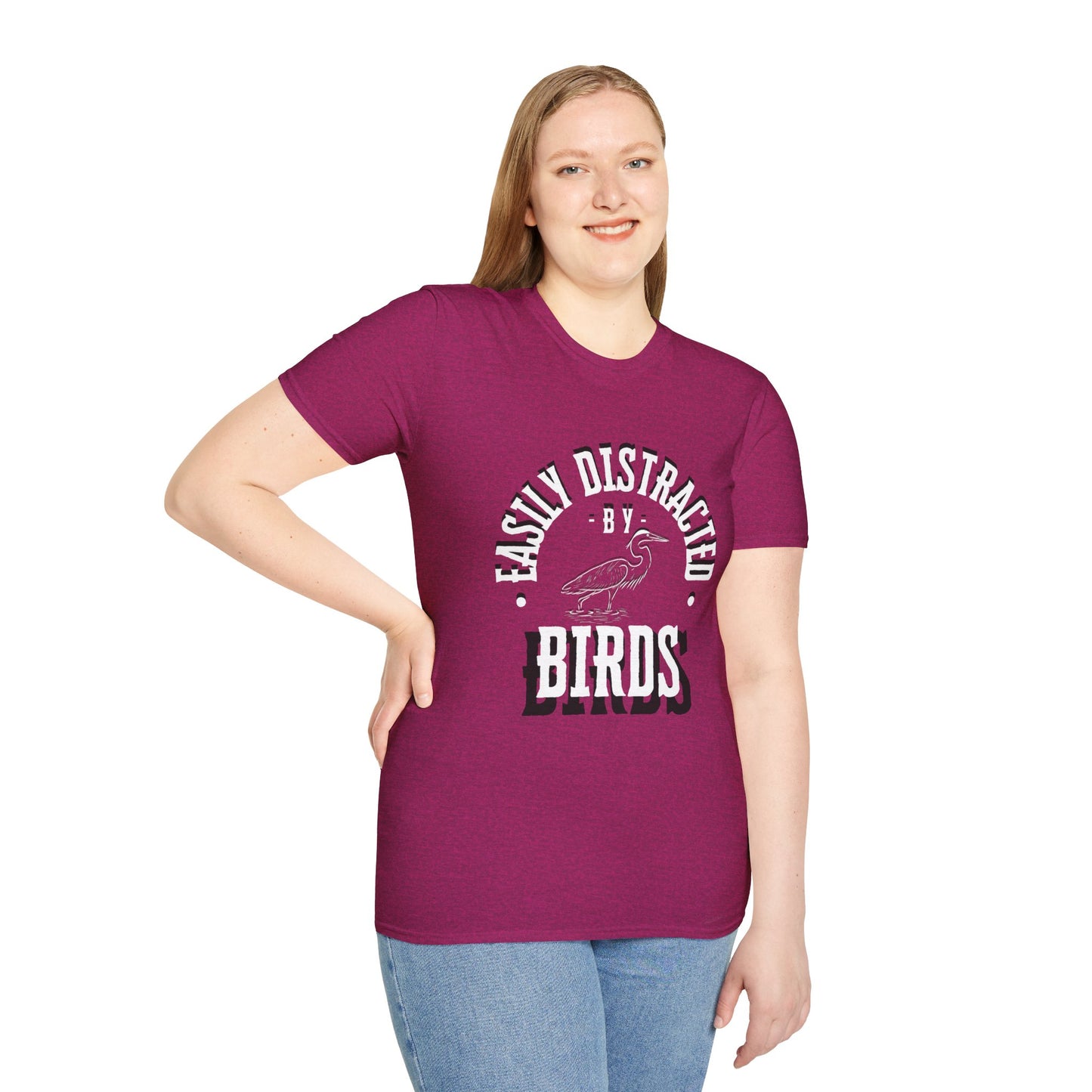 Unisex Softstyle T-Shirt, Distracted by Birds, Heron