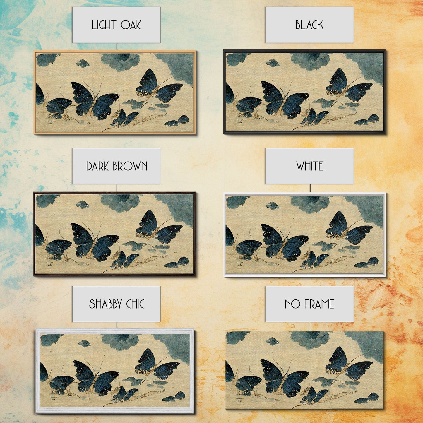 Retro Japanese Style Butterflies Wall Art, Framed Canvas Print, Framed Wall Art, Blue butterfly Art